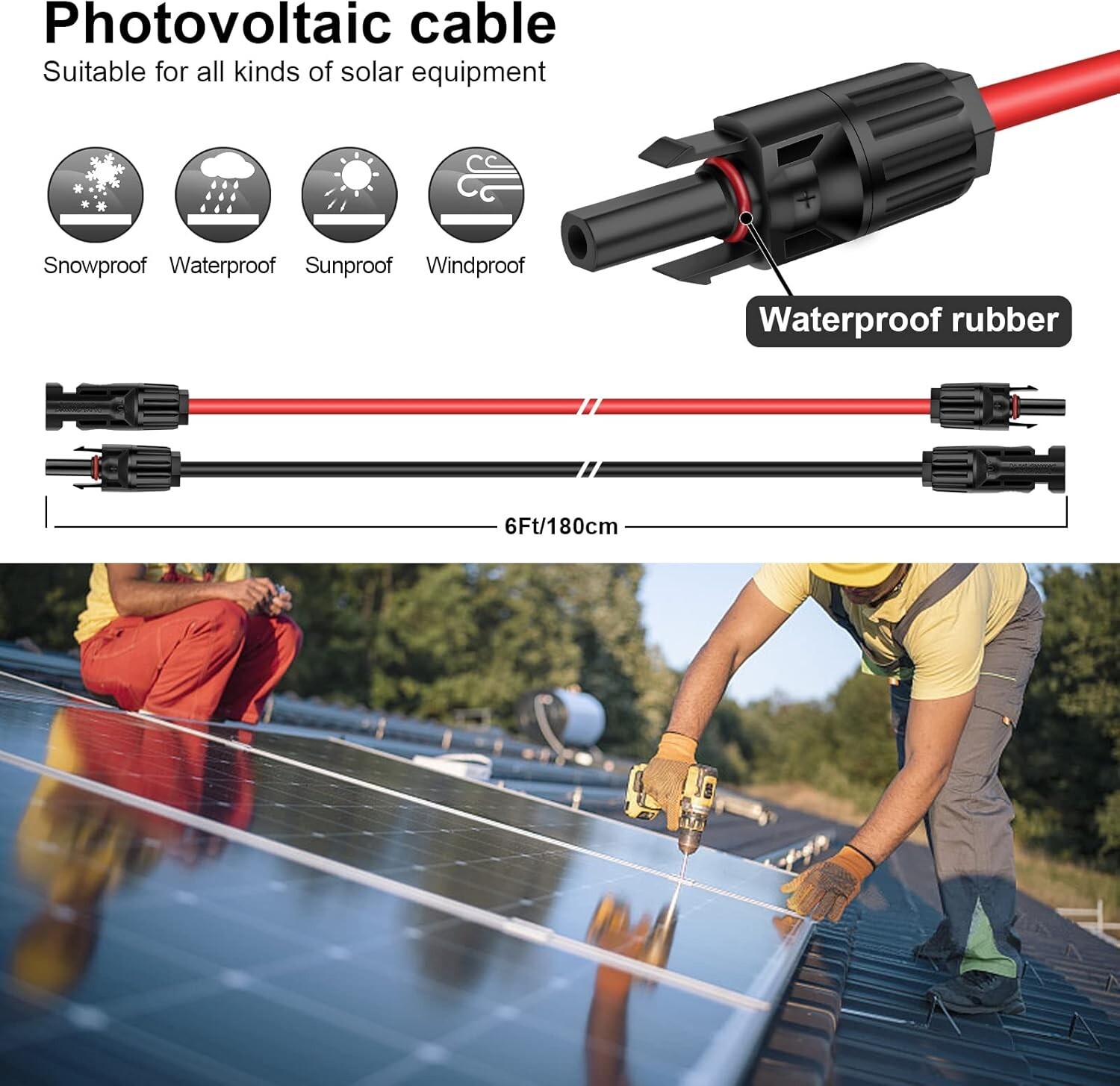 10AWG 6ft Copper Solar Panel Extension Cable – Weatherproof Duo with Connectors