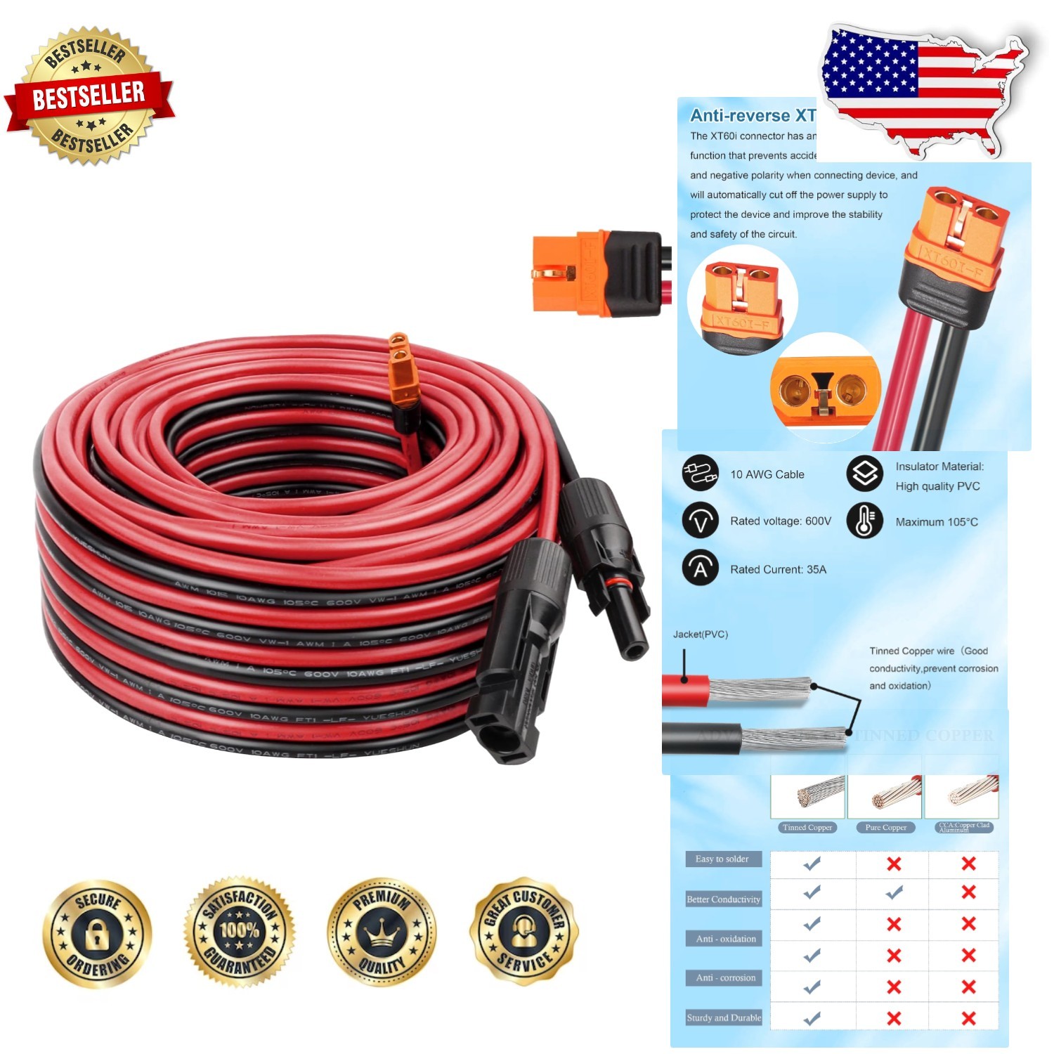 Durable 50ft Solar to XT60i Cable | 10AWG Tinned Copper | Waterproof Connector