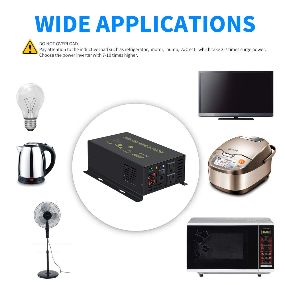 Pure Sine Wave Inverter 24V to 110V 220V 600W Generator Car Truck Solar Remote