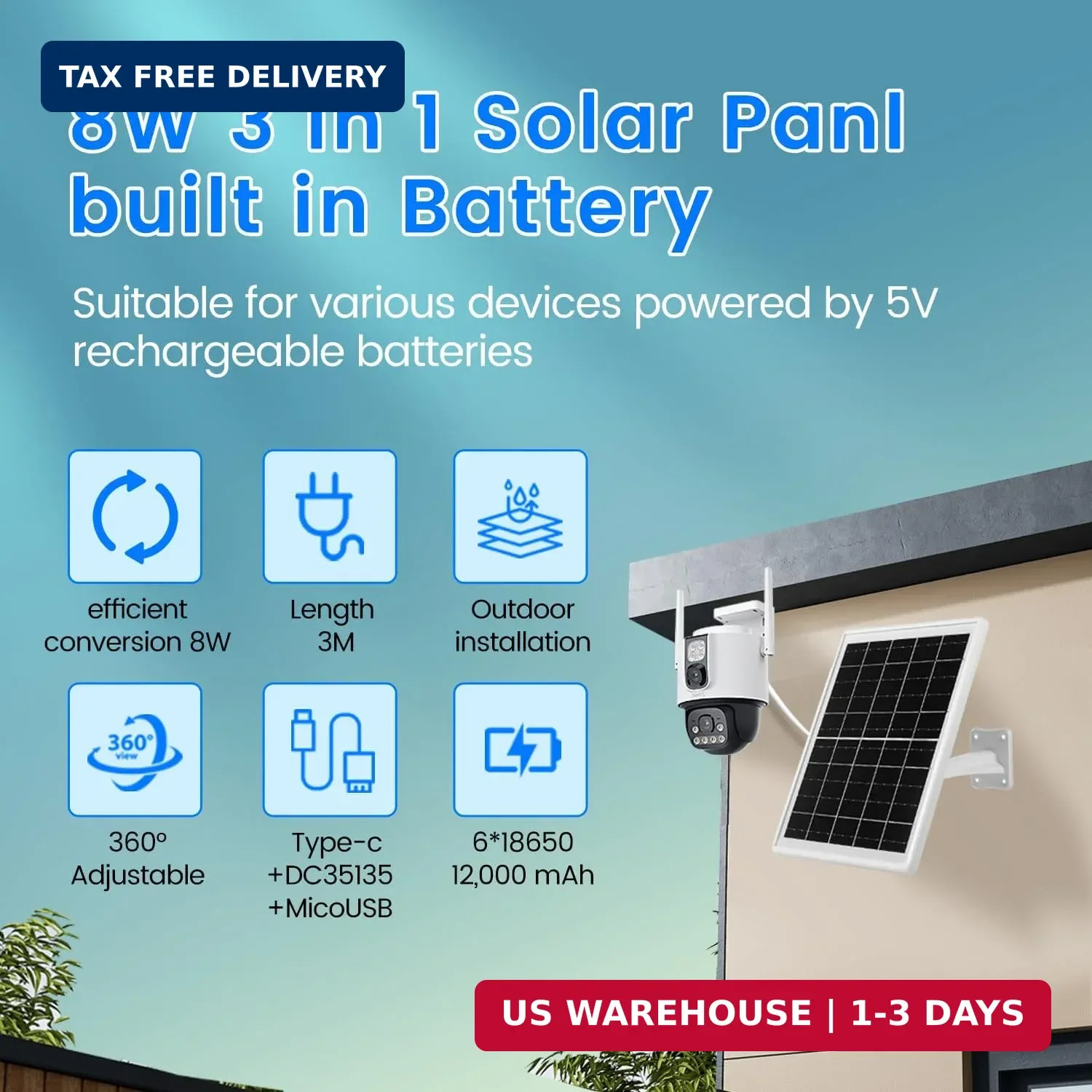 Solar Panel for Device DC 5V Type-C Micro USB DC Port builit in 12000mAh Battery