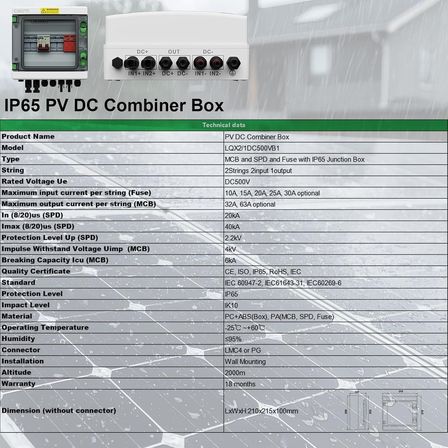 Waterproof 2-String PV Combiner Box with Circuit Breaker & Surge Protection