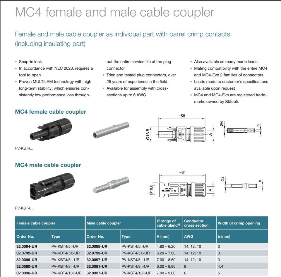 Brand New Rare Authentic Staubli 6AWG MC4 Connectors