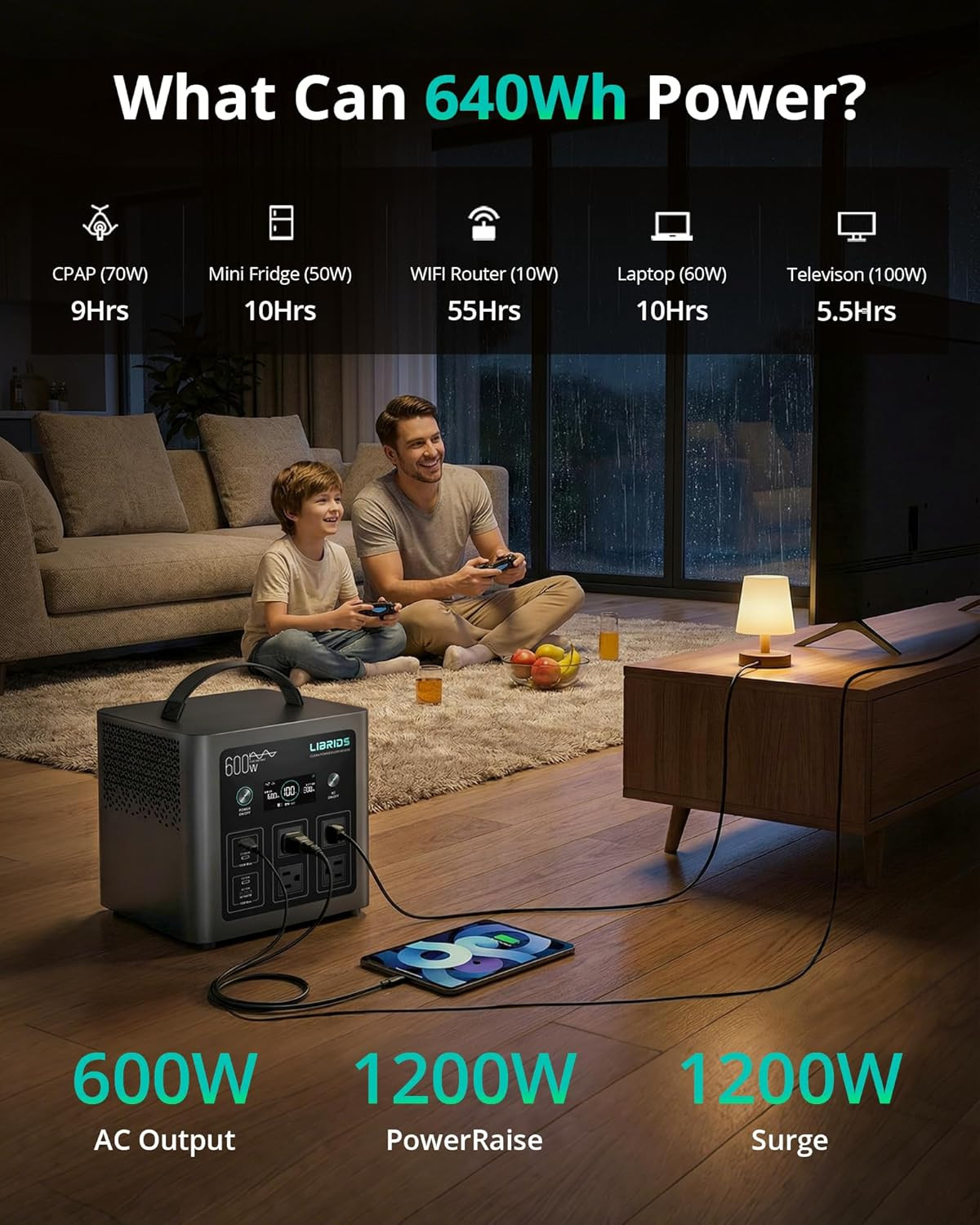 Portable Power Station C600, 640Wh Lifepo4 Battery, 600W (Peak 1200W) Solar Gene