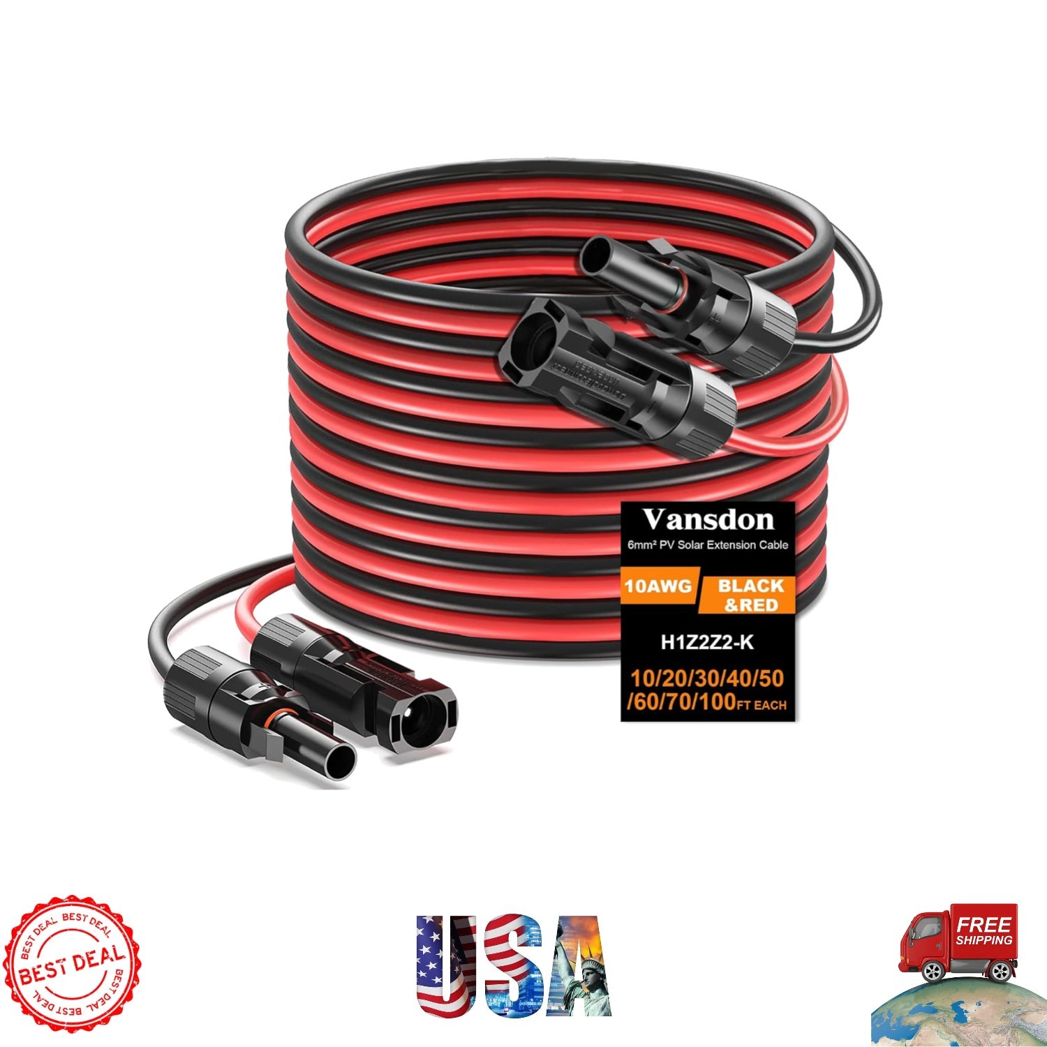 10AWG Tin Plated Copper Solar Panel Extension Cables with Waterproof Connectors