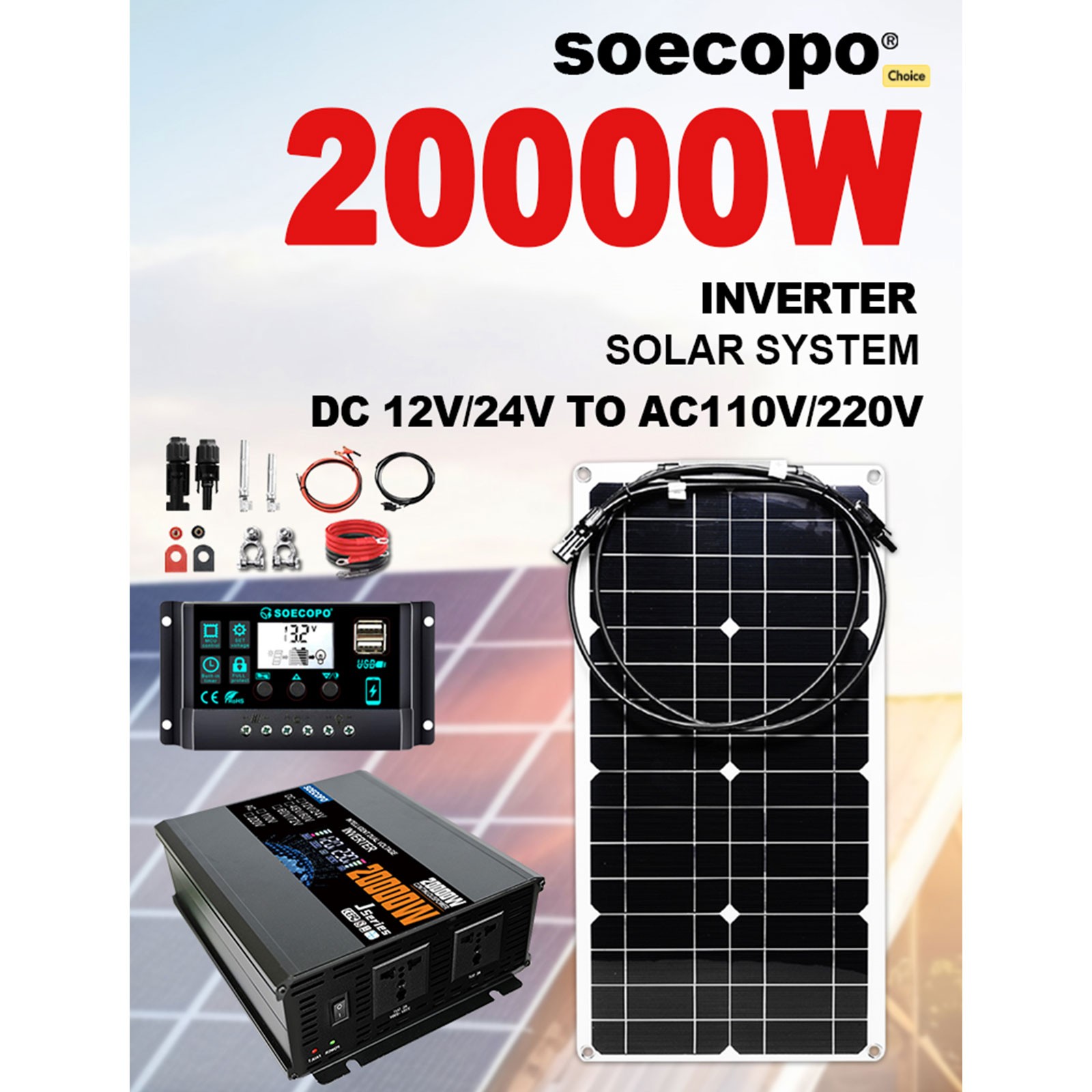 20000W Peak Solar System Kit Panel 110V/220V Inverter Complete for Home