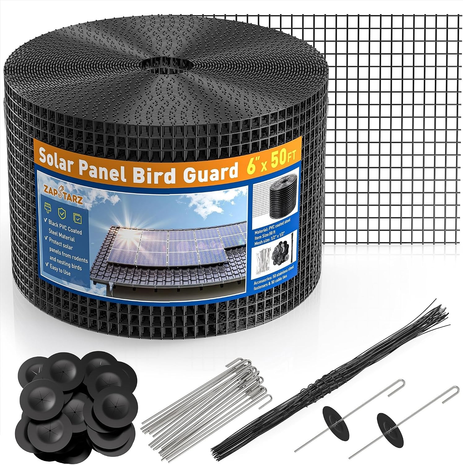 6in x 50ft Solar Panel Critter Guard: Durable PVC Coated Mesh with Fasteners