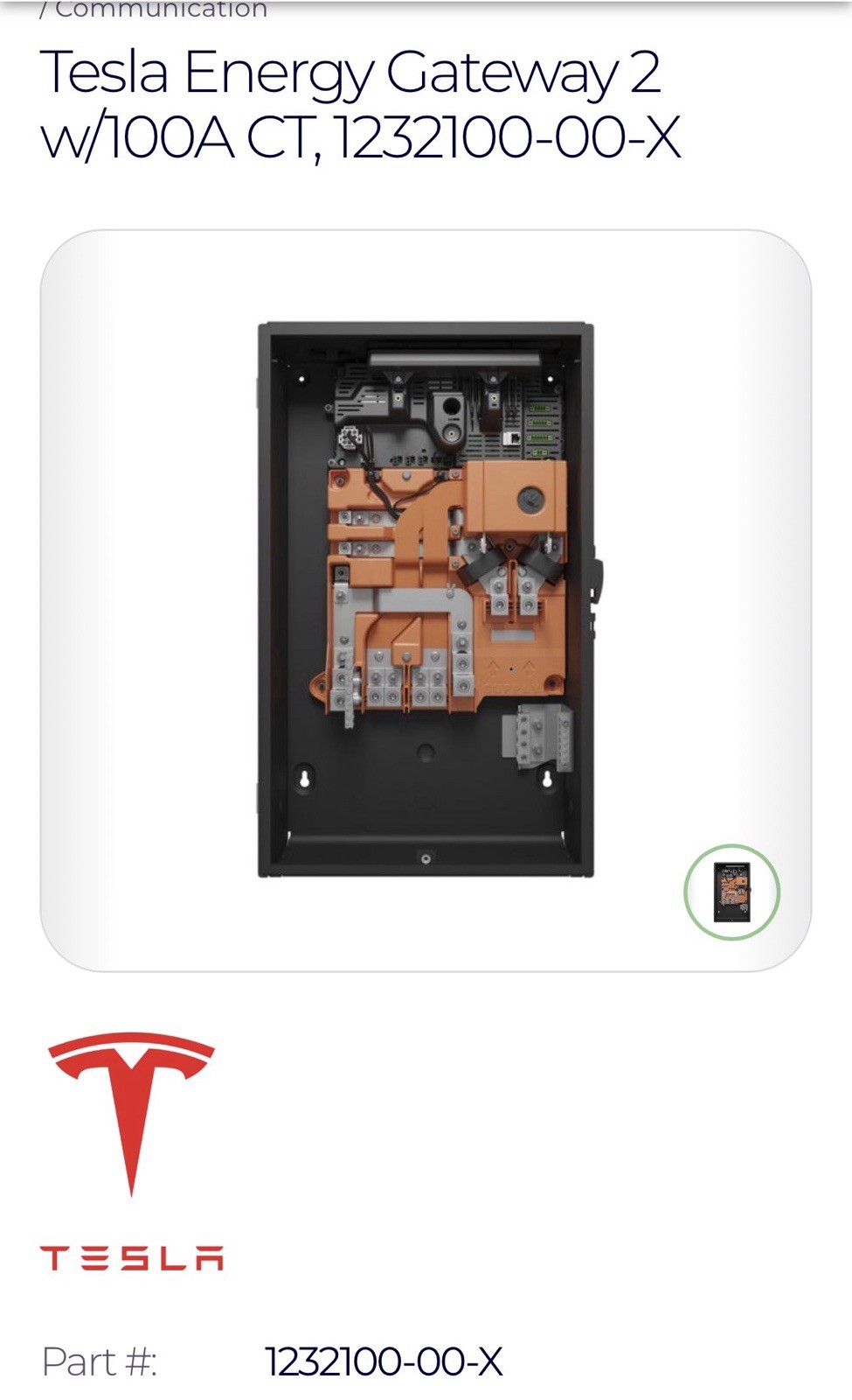 Tesla Energy Gateway 2 w/100A CT, 1232100-00-X