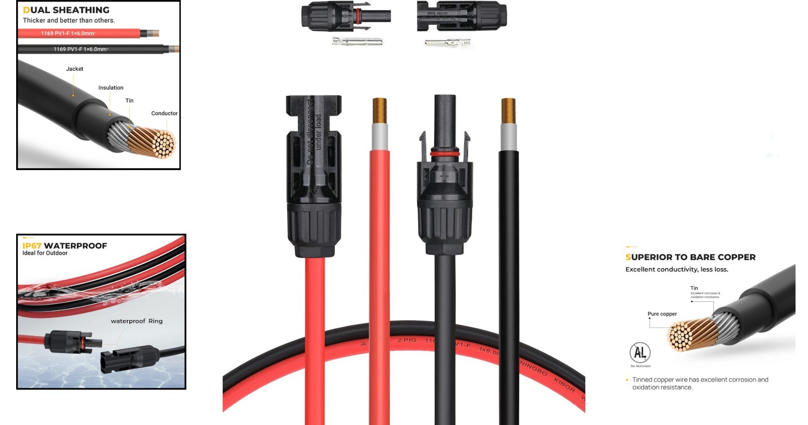 20 Feet 10AWG Water-Resistant Solar Cable with Extra Connectors – Certified