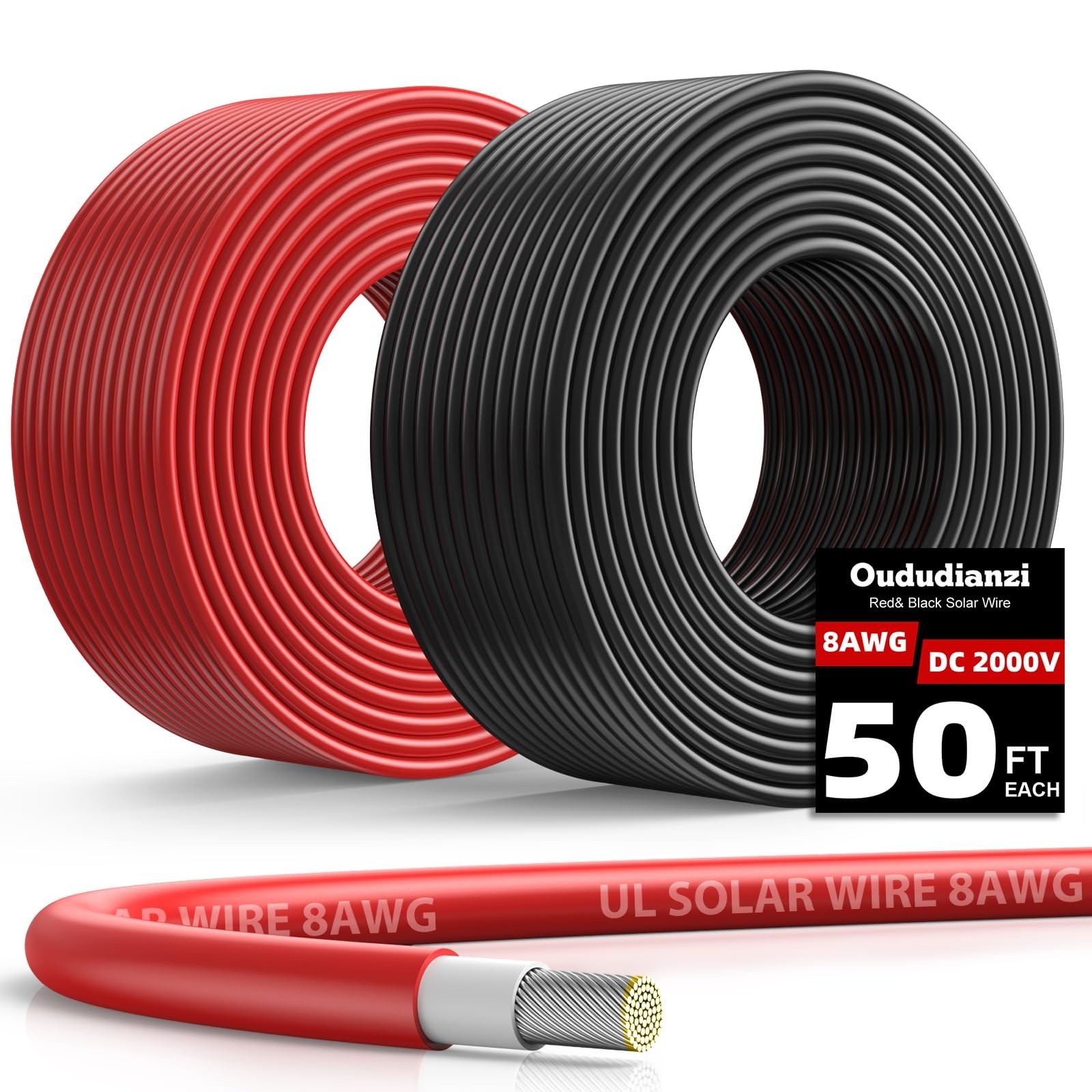 8AWG Solar Panel Wire 2x50Ft Tinned Copper PV Extension Cable for RV Boat Outdoo