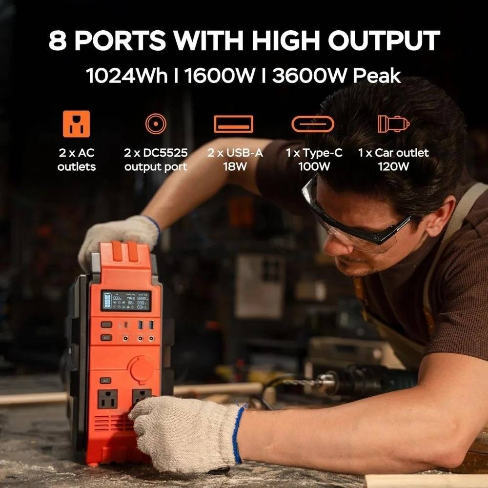 Portable Power Station 1600W Solar Panel 1024Wh Power Battery 100W USB C Charge
