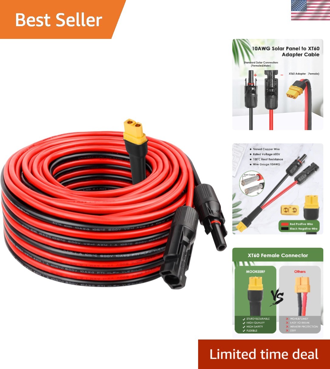 Solar to XT60 Extension Cable 10AWG 50FT Solar Connector to XT60 Adapter Cabl…