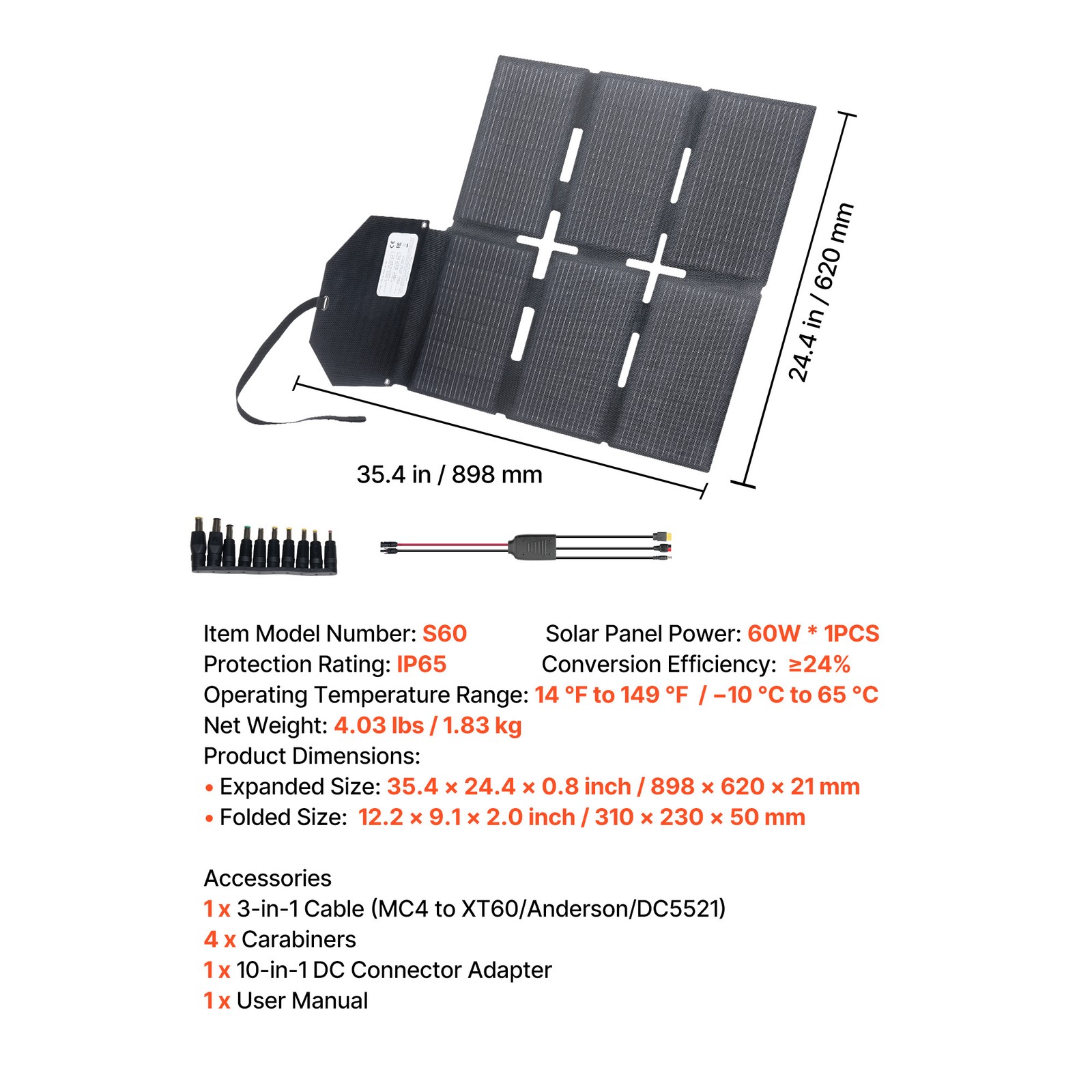 Uimoso 60W Portable Foldable Solar Panel Charger with Monocrystalline Design