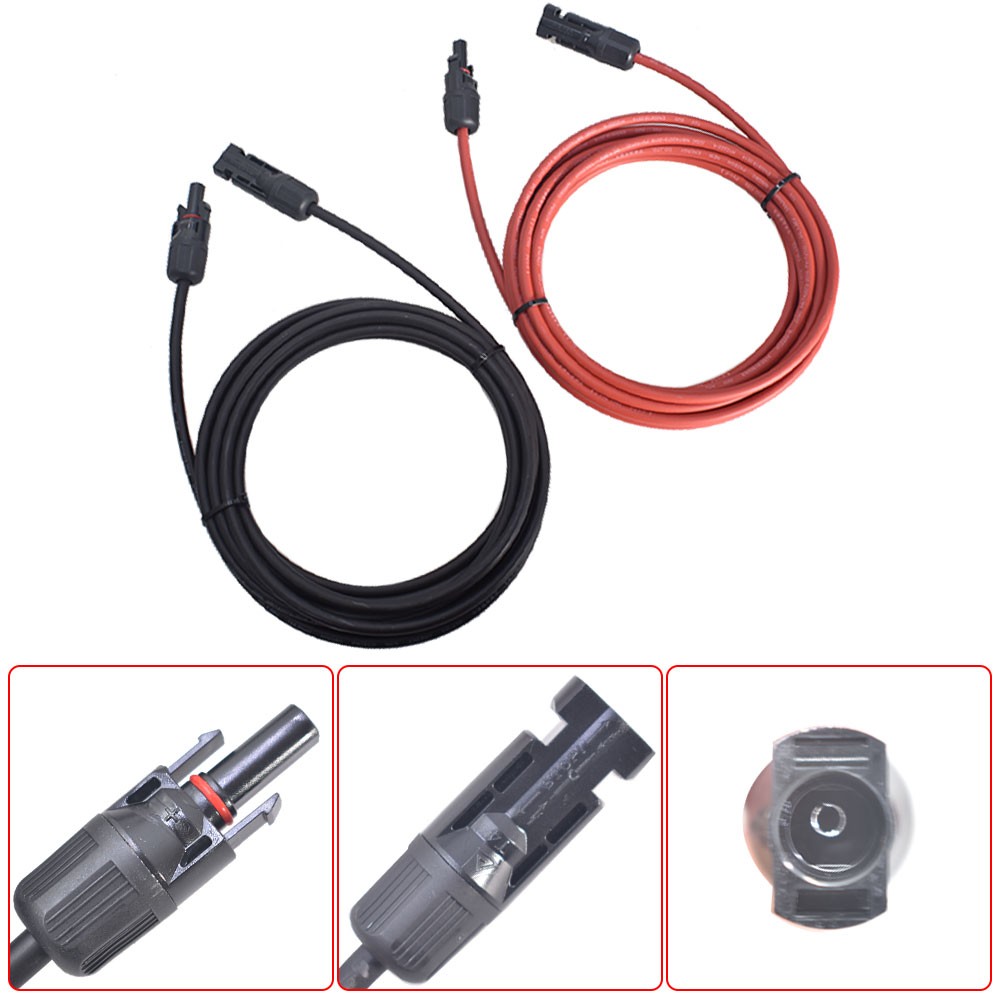 Solar Panel Extension Cable Wire Connector 12AWG 10ft 1Pair Black + Red