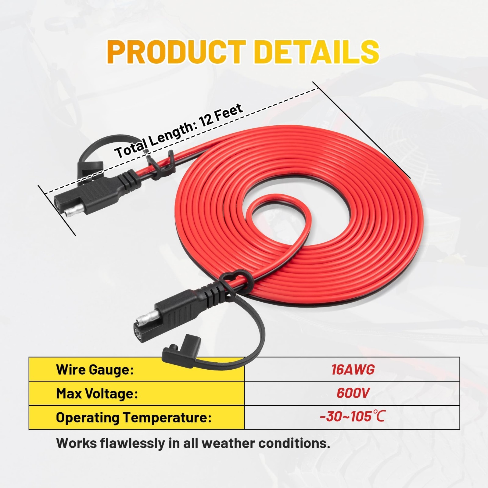 12FT 16AWG SAE Extension Cable, Heavy Duty Polarity Reversing Adapter, 2 Pin Qui
