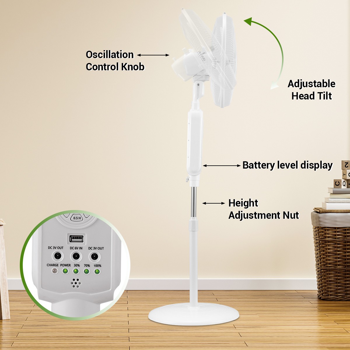16″ Floor Standing Fan Solar Powered w/ 2PCS Emergency LED Bulbs Remote Outdoor