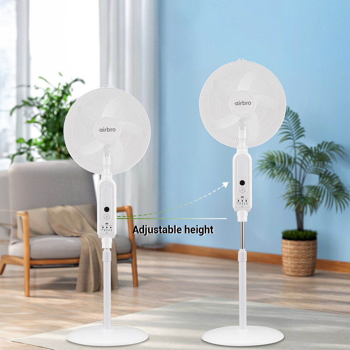 16″ Floor Standing Solar Fan W/ 2 LED Bulbs, Remote Control, AC + Solar Charging