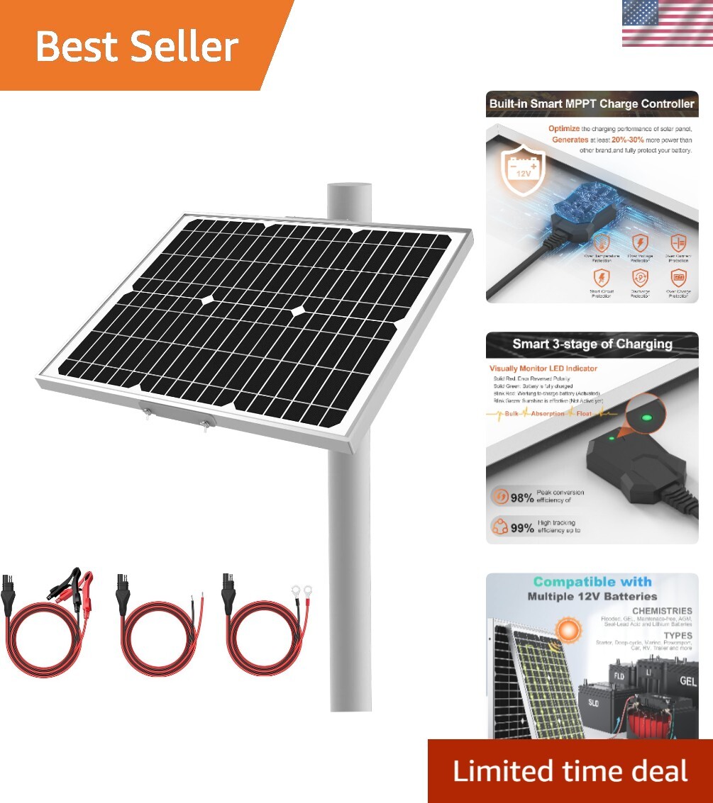 20W Waterproof Solar Trickle Charger for 12V Batteries with Safety Protections