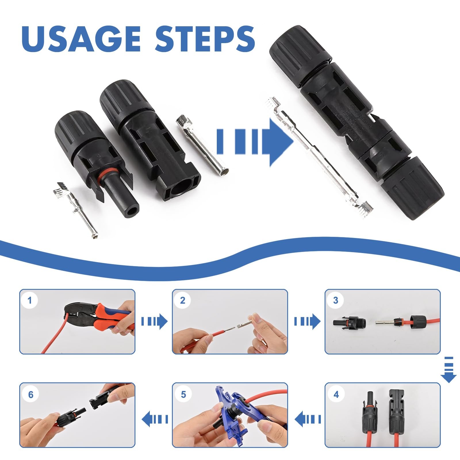 Usngsny 100 PCS Solar Panel Connectors, 50-Pairs+ 2 Spanners Solar Connector