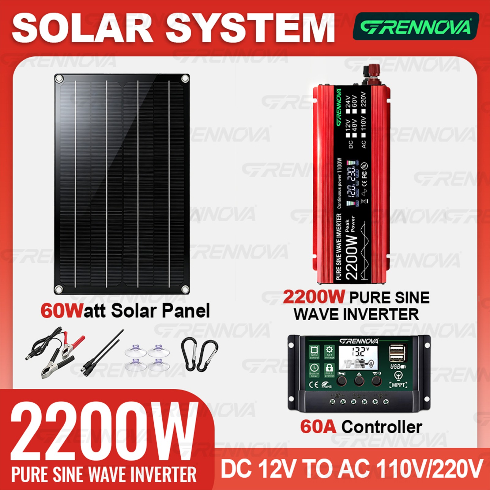 Grennova 2200W Off-Grid Solar System 60W Panel 60A MPPT Pure Sine Inverter