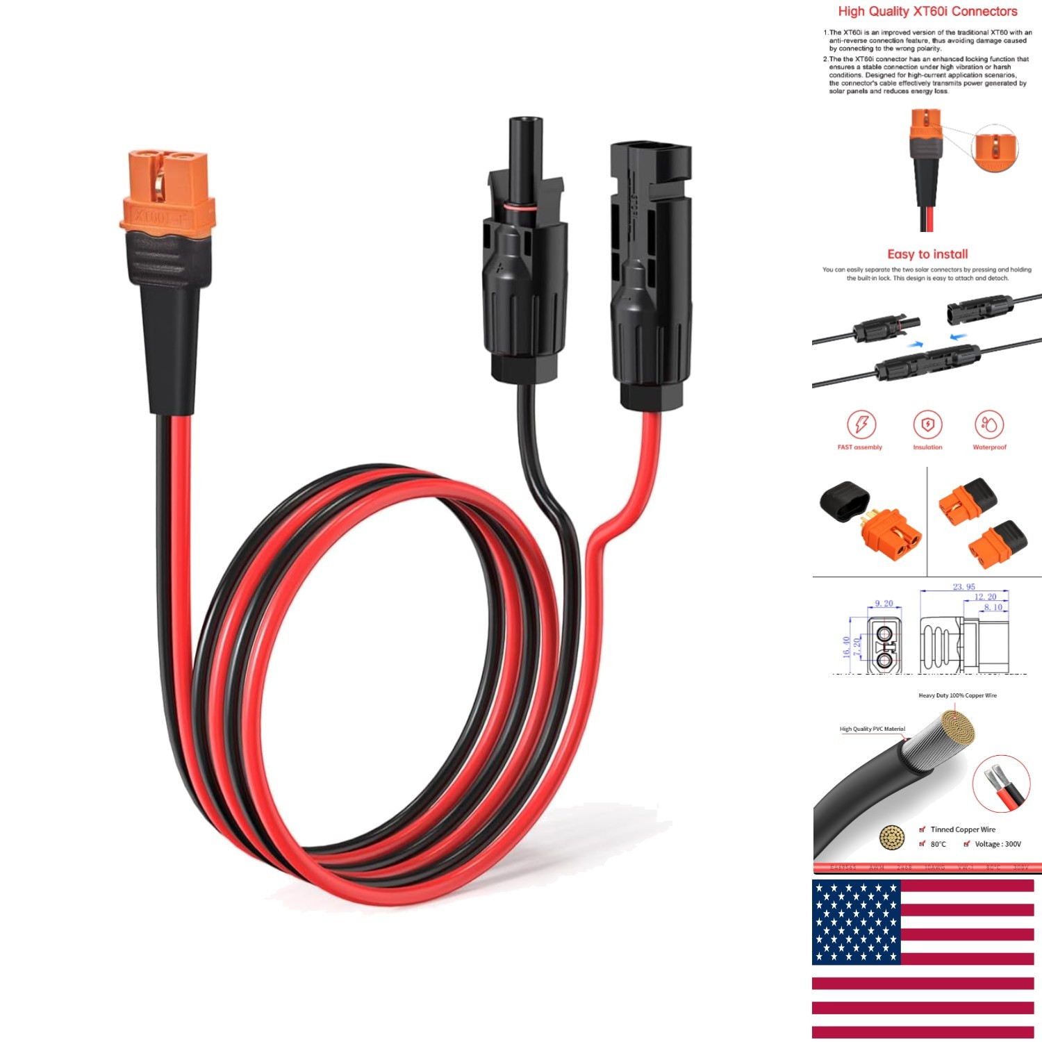 Reliable 10AWG 2FT Solar to XT60i Connector Cable for Portable Power Stations
