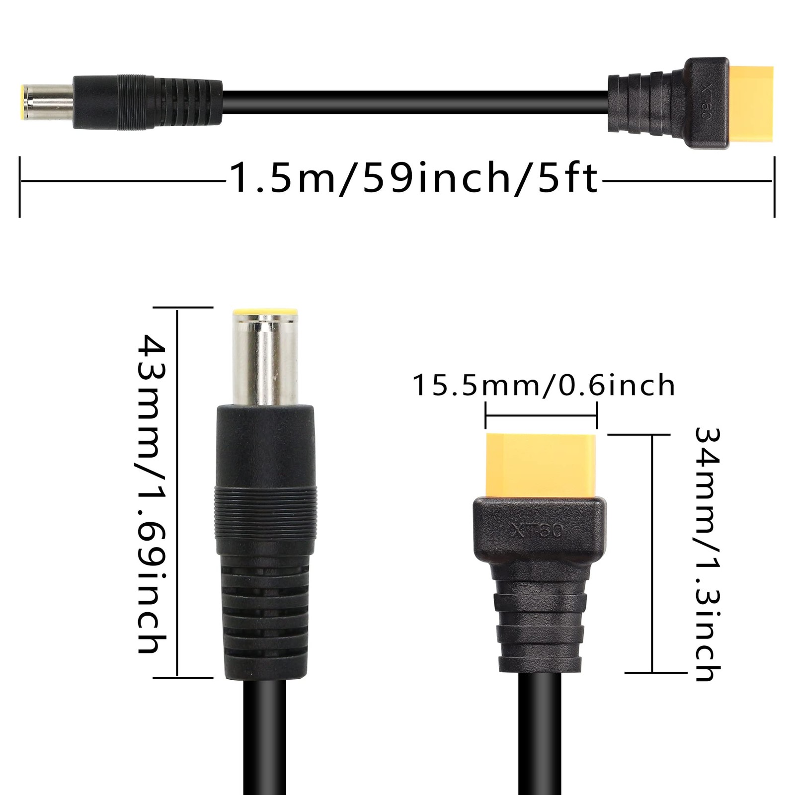 DC 8mm to XT60 Power Cable, 5Ft DC7909 7.9mm x 5.5mm Male to XT-60 Male Adapt.