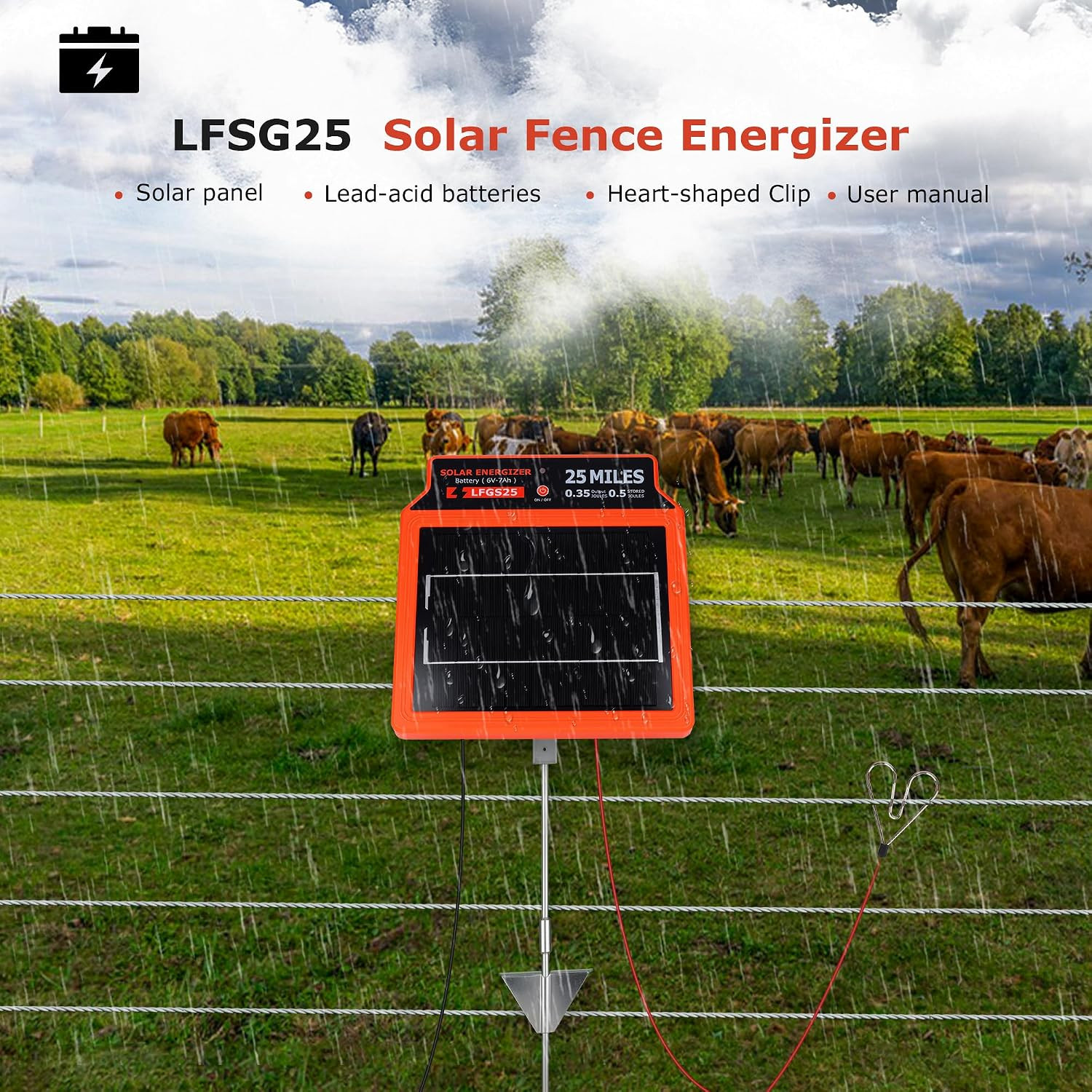LFGS25 Solar Electric Fence Charger, 25 Miles Solar Charger,0.5J Portable Powere