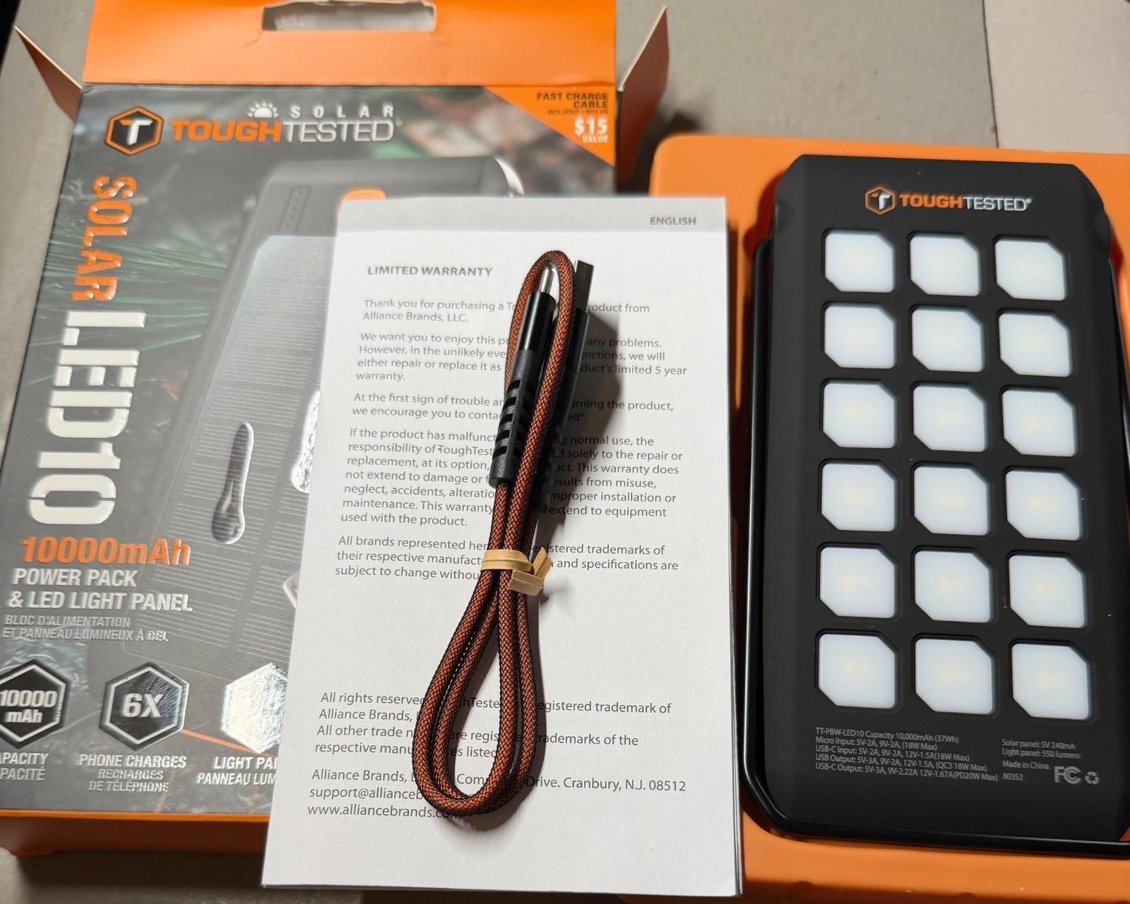 ToughTested Solar LED10 10000mAh Power Pack & LED Light Panel NEW/OPEN BOX
