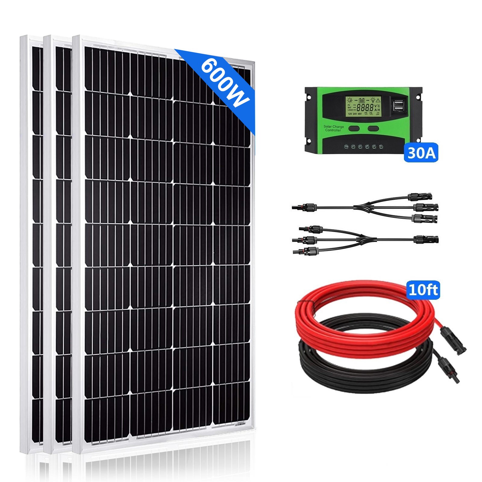 600W Solar 3x200W Mono Solar Panel Kit High Efficiency Module for RV Marine Home