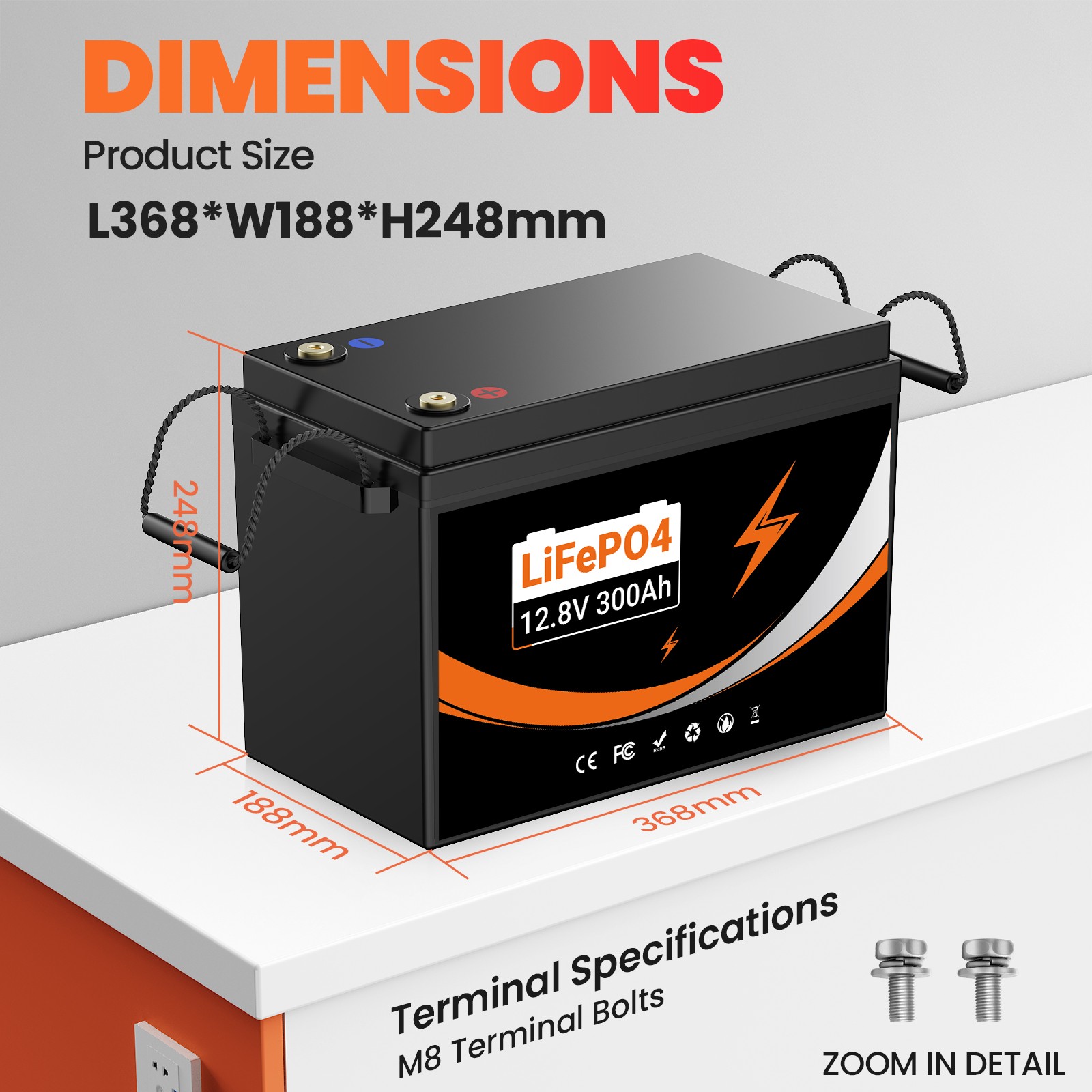 12V 300Ah LiFePO4 Battery 4000+ Deep Cycles 3840Wh 200A BMS for RV OffGrid Solar