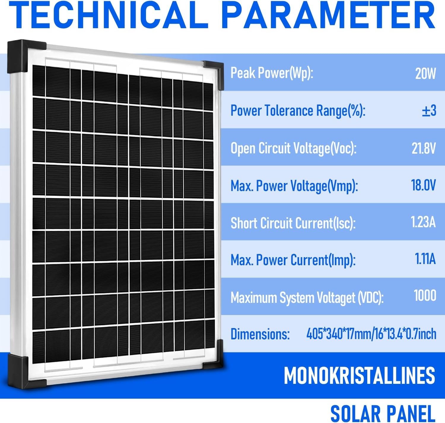 20W 12V Monocrystalline Solar Panel Kit with Charge Controller & Cables for R…