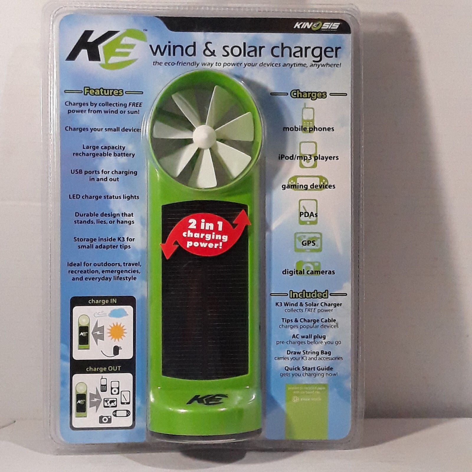 K3 Kinesis Wind & Solar Device Charger 2 In 1 Indoor/outdoor USB In/out Charging