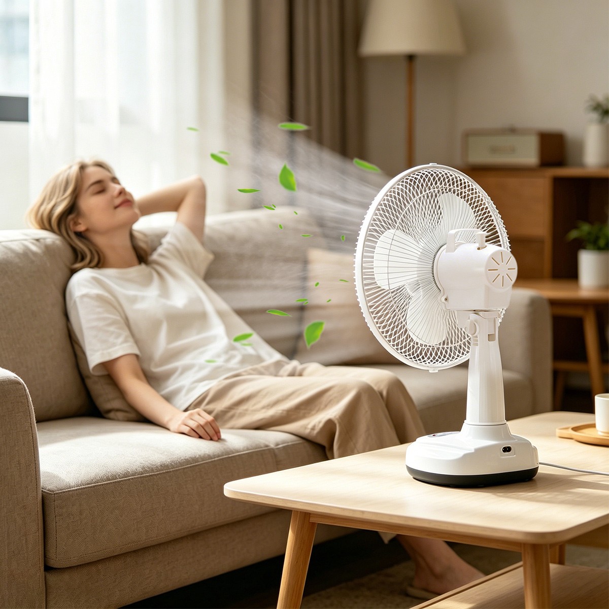 12″ Solar Powered Fan Rechargeable Fan with 2 LED Bulbs Portable Camping Fan US
