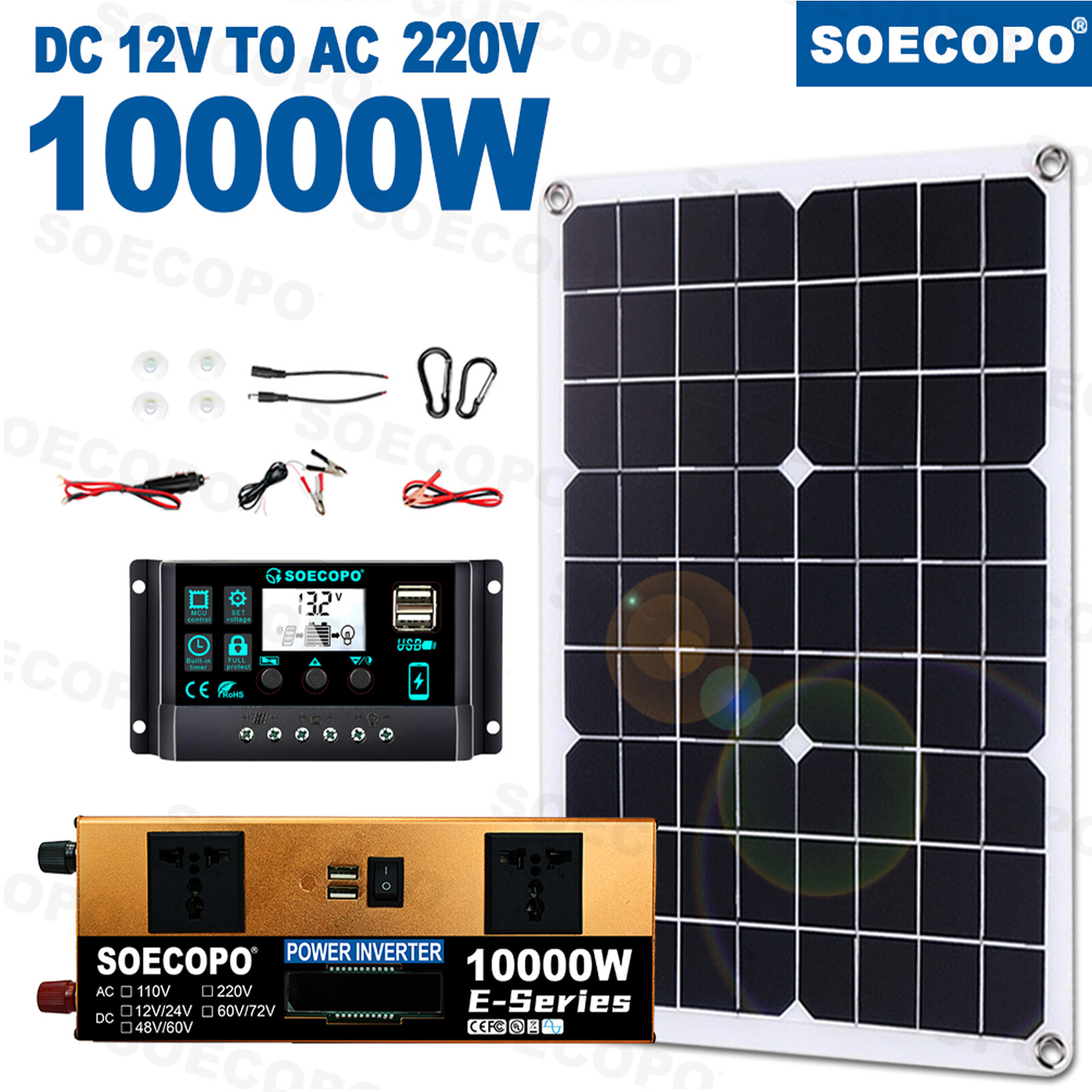 10000W Solar Kit 500W Panel 100A MPPT Controller DC Cable 12V/24V to 220V/110VMH