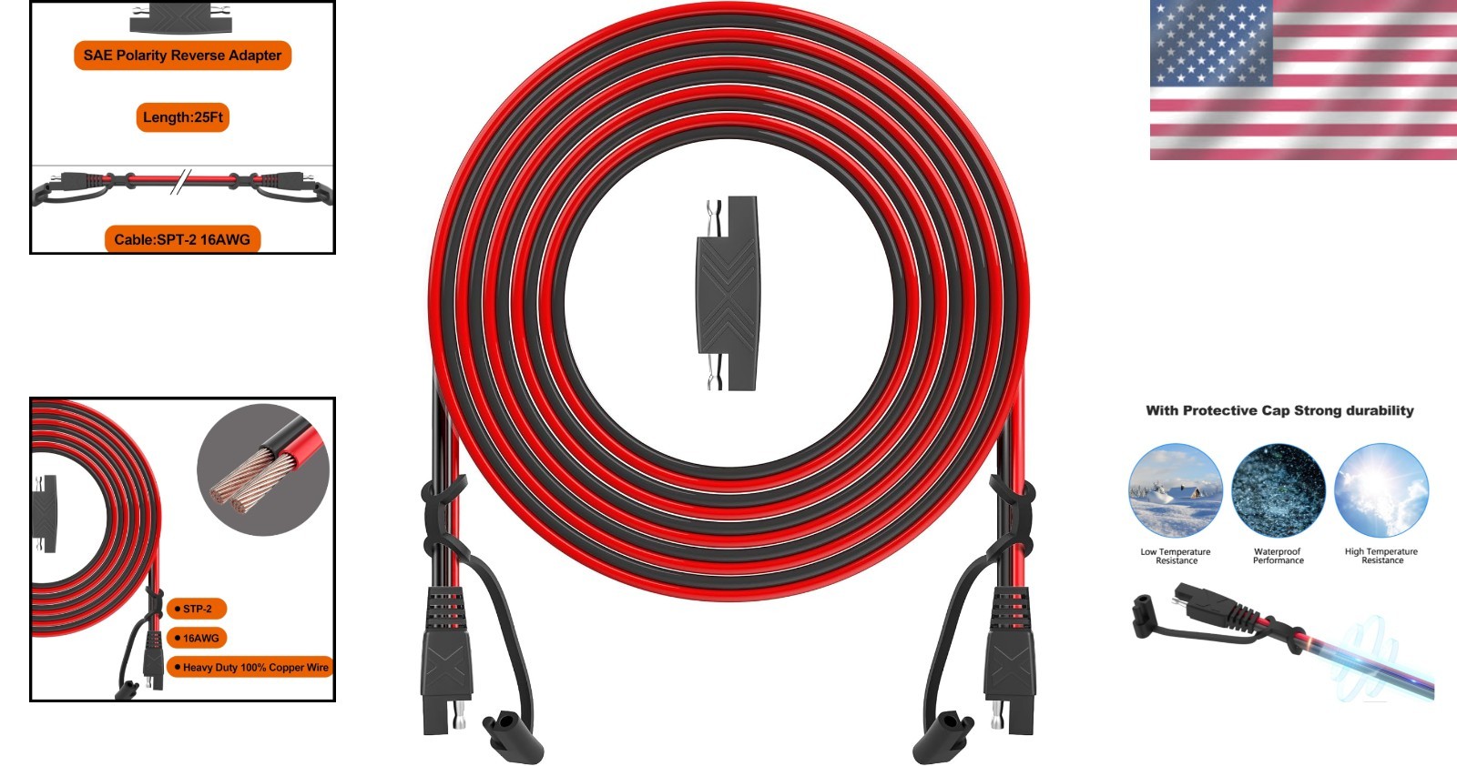 Universal 25FT SAE Extension Cable 16AWG Male-Female Connector – Durable Design