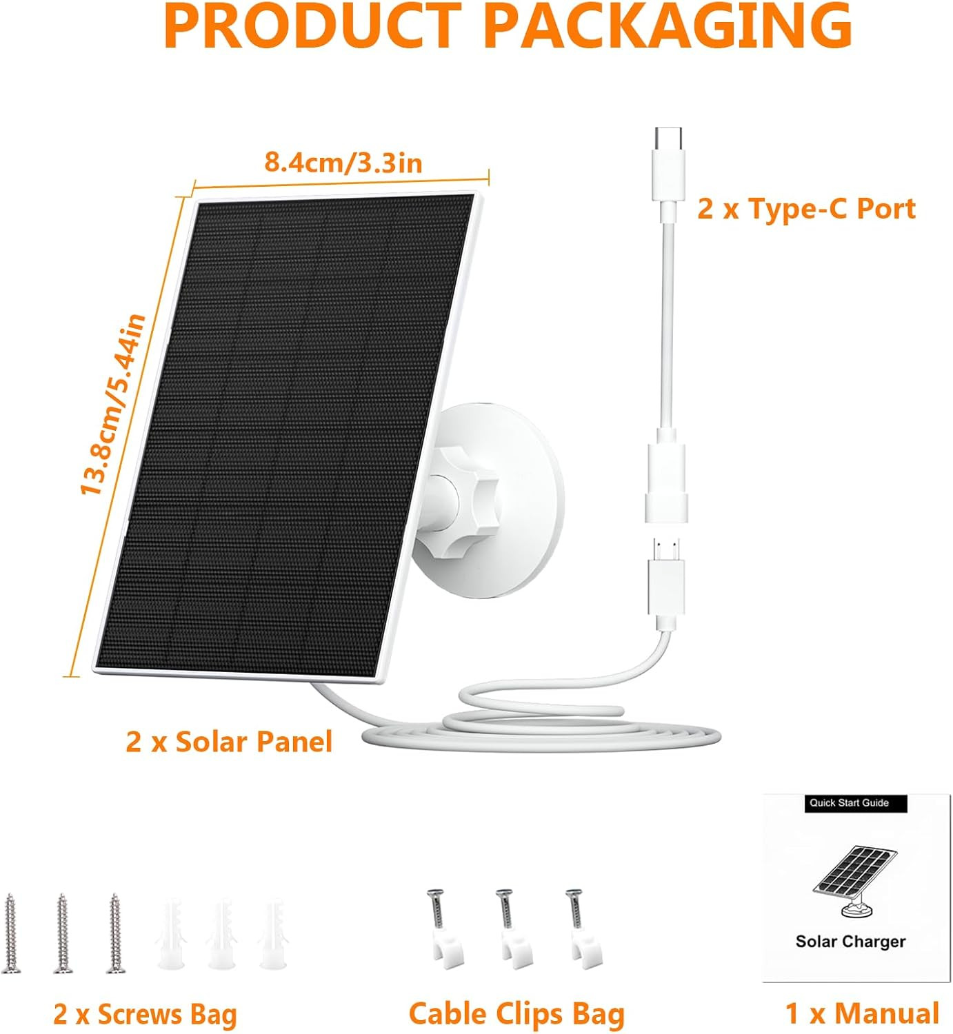 2W Solar Panel for Security Cameras, Solar Charger with Micro USB & USB-C Port f