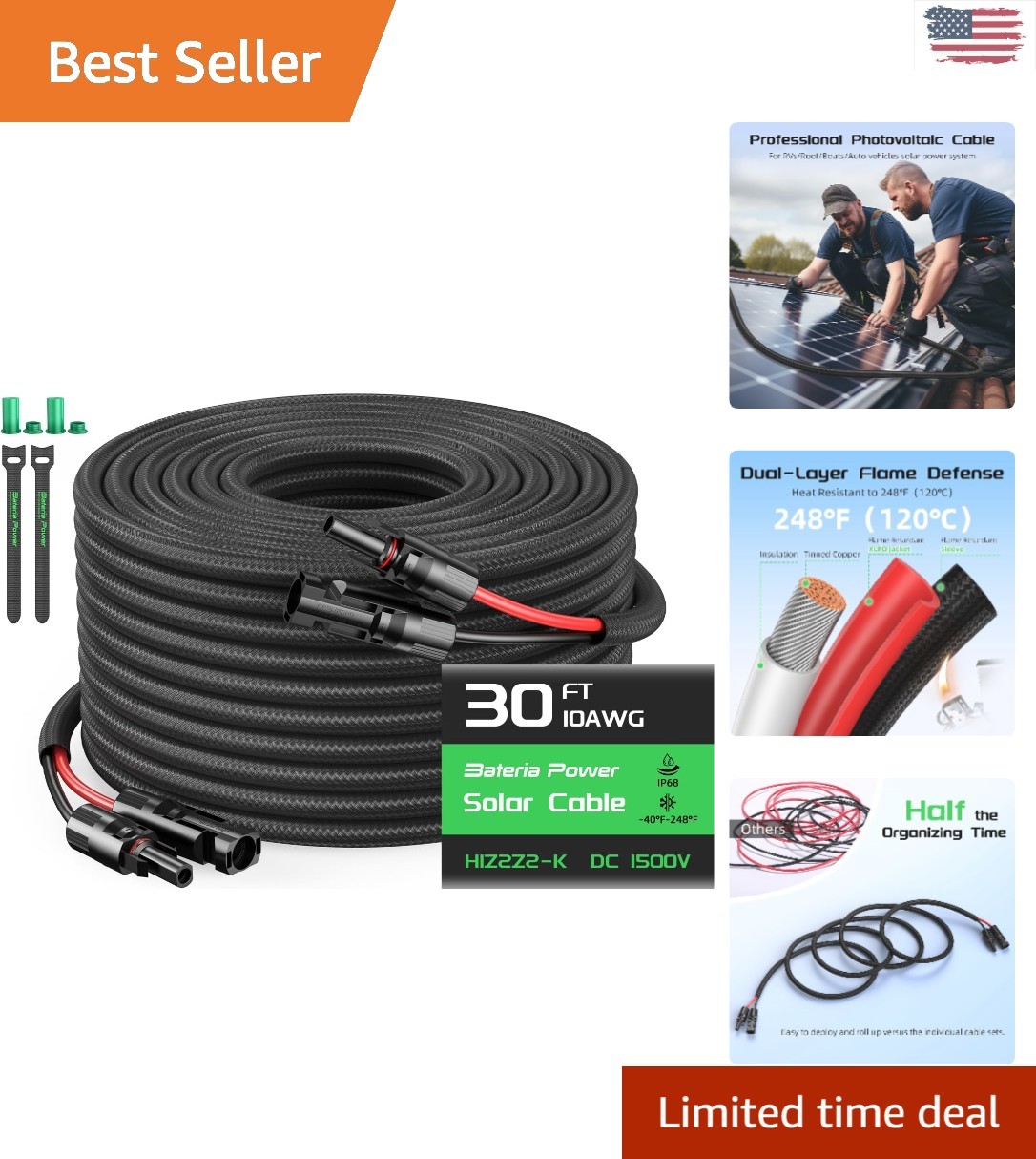 Flame Retardant 30FT 10AWG Solar Cable with Weatherproof Connectors & Sleeving