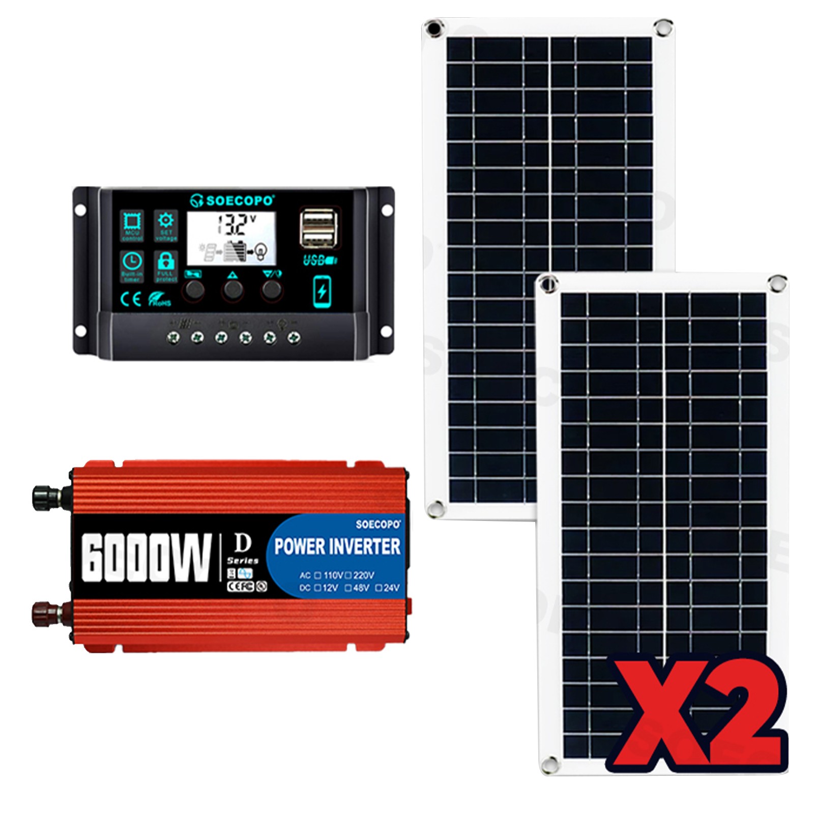 Ultimate 6000W Solar Power Bundle: Inverter DC 12V – AC 110V/220V+ 2pcs Solar