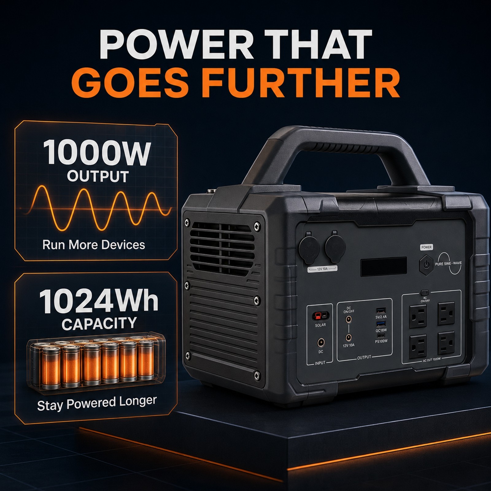 Black 1000W1024Wh LiFePO4 Portable Pure Sine Wave Power Station With Flashlight