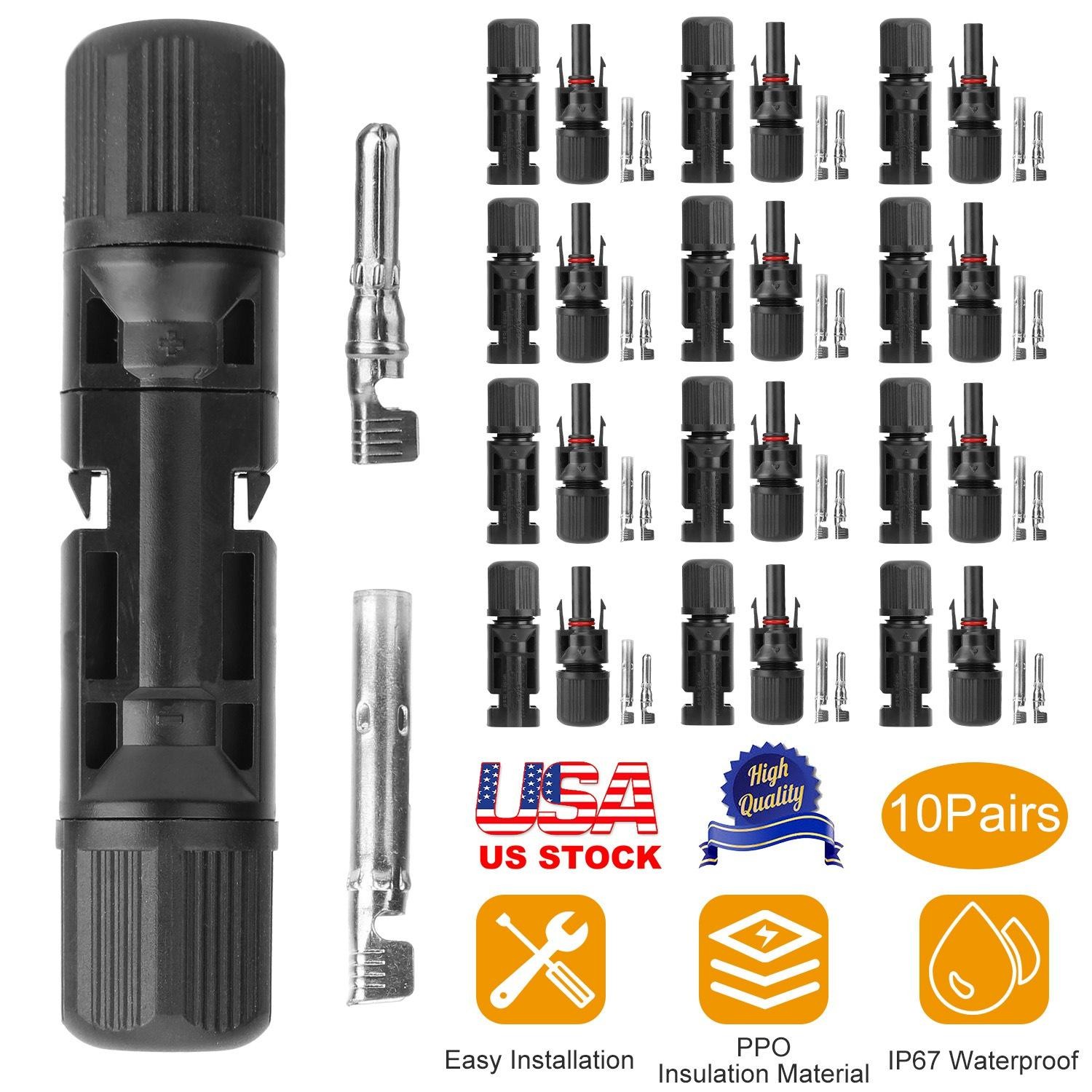 10 Pairs Solar Panel Connectors Wire Adapter Male/Female IP67 Waterproof