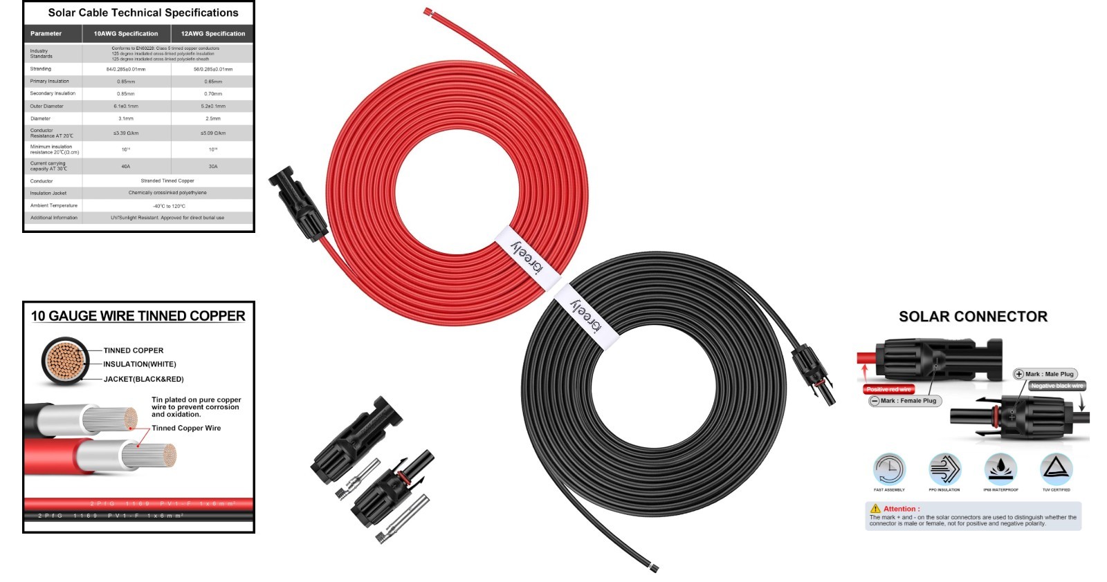 IGreely 50 Ft 10Awg Solar Extension Cable Female Male Connector Red Black