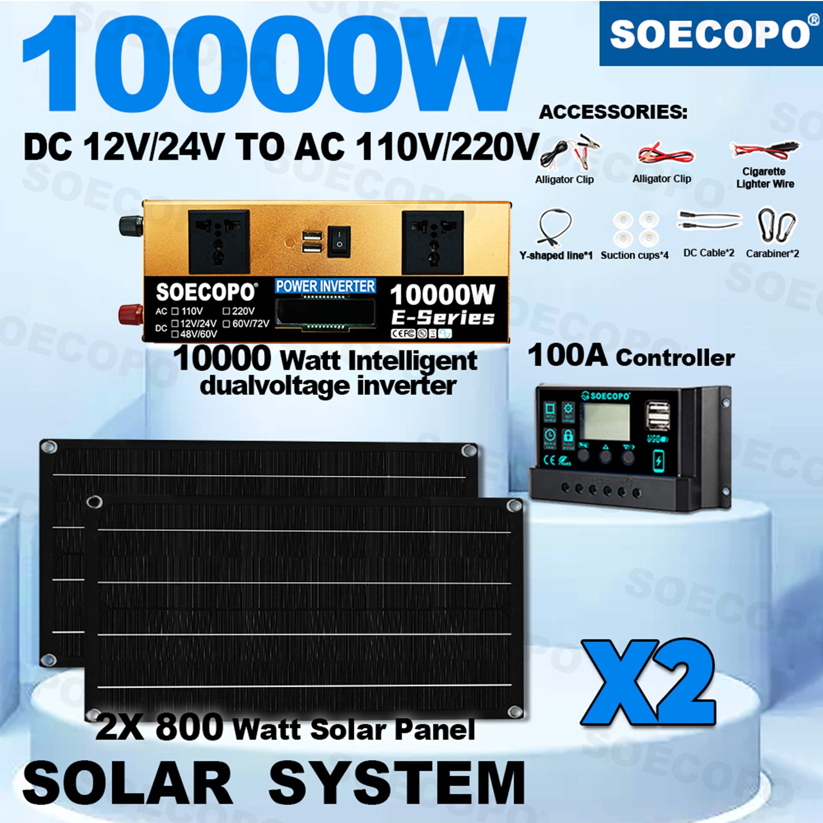 10000W Solar Kit | with Efficient Inverter, 2pcs Solar Panels, 100A Controller