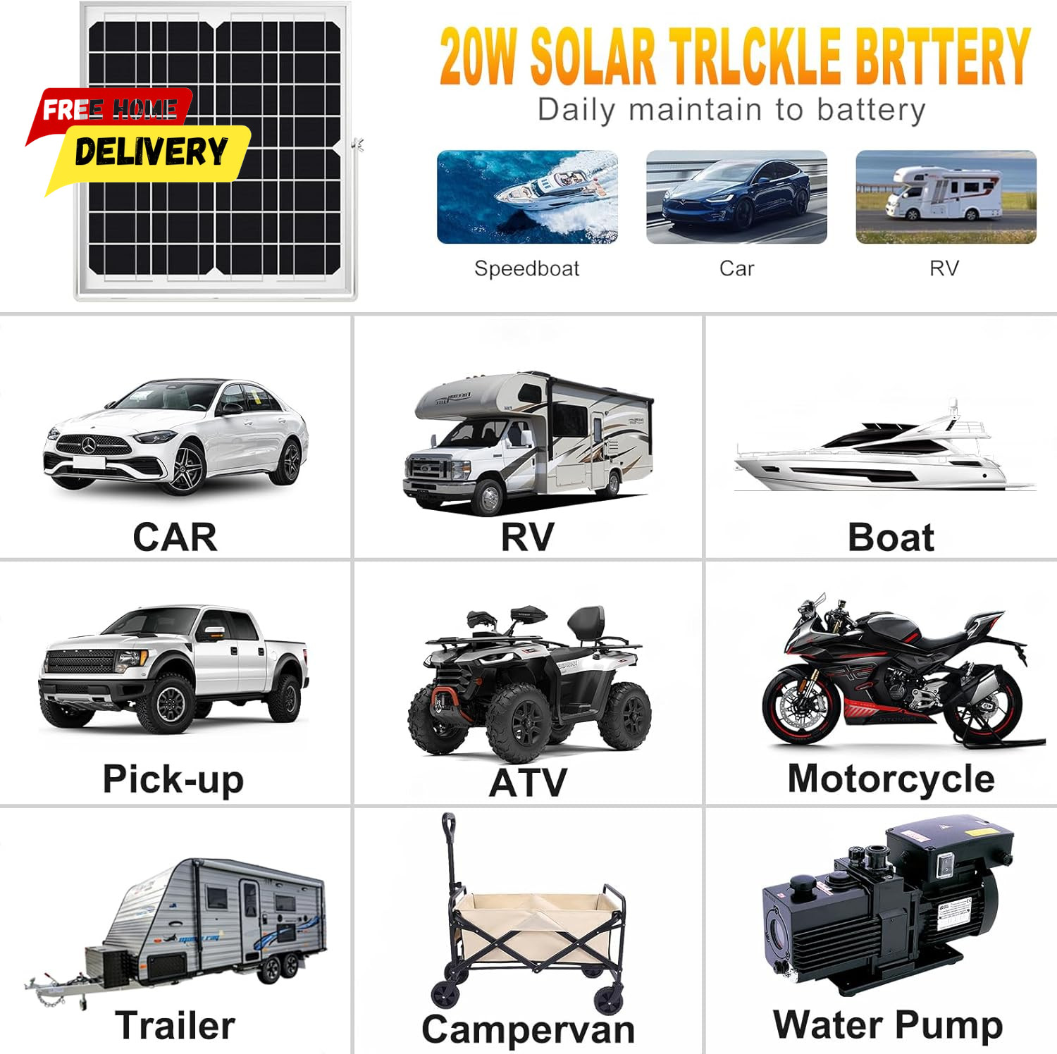 Solar Panel Kit 20W 12V, Waterproof Solar Battery Trickle Charger Maintainer + S