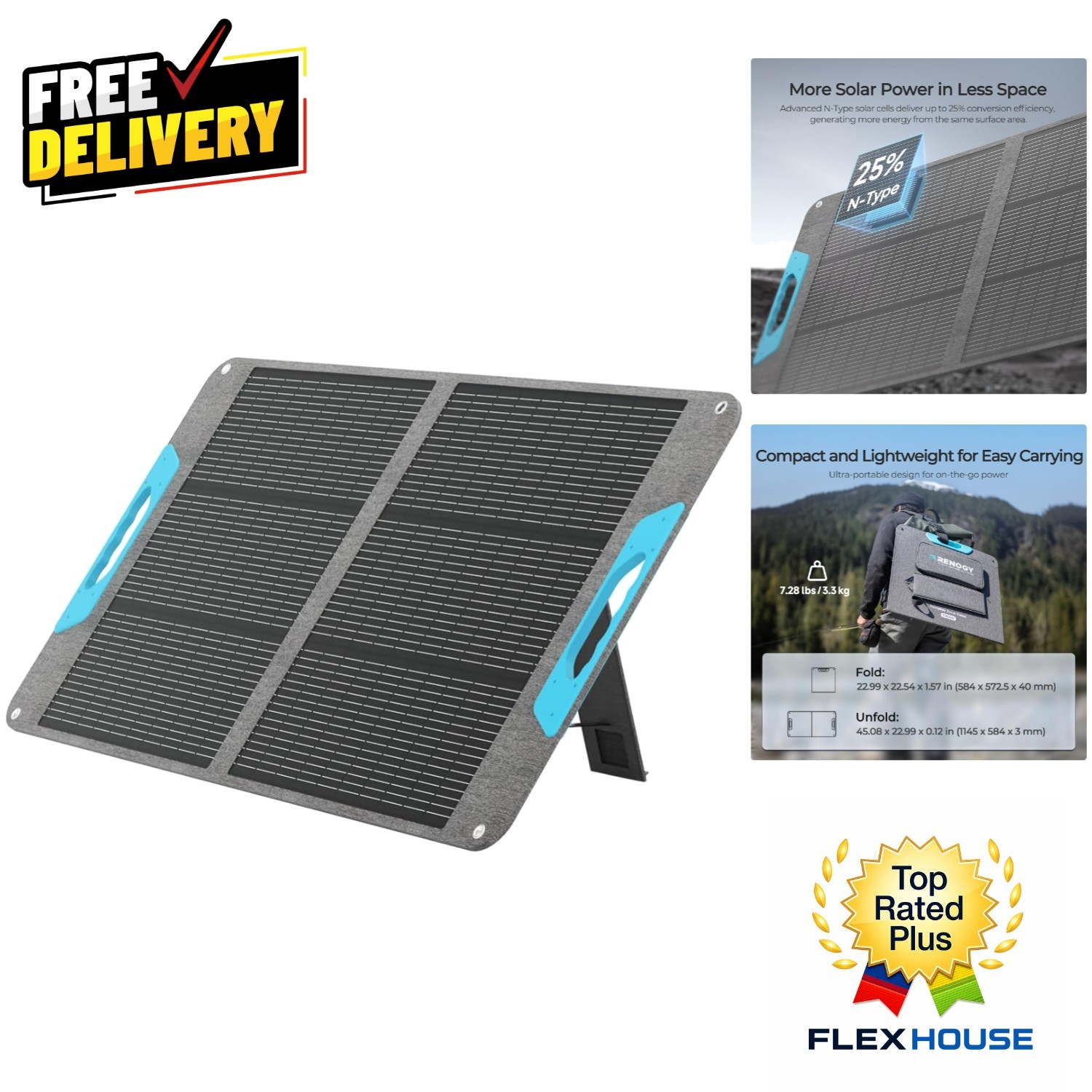 25% Efficient 100W Solar Power Kit – Foldable Design for Easy Travel & Setup