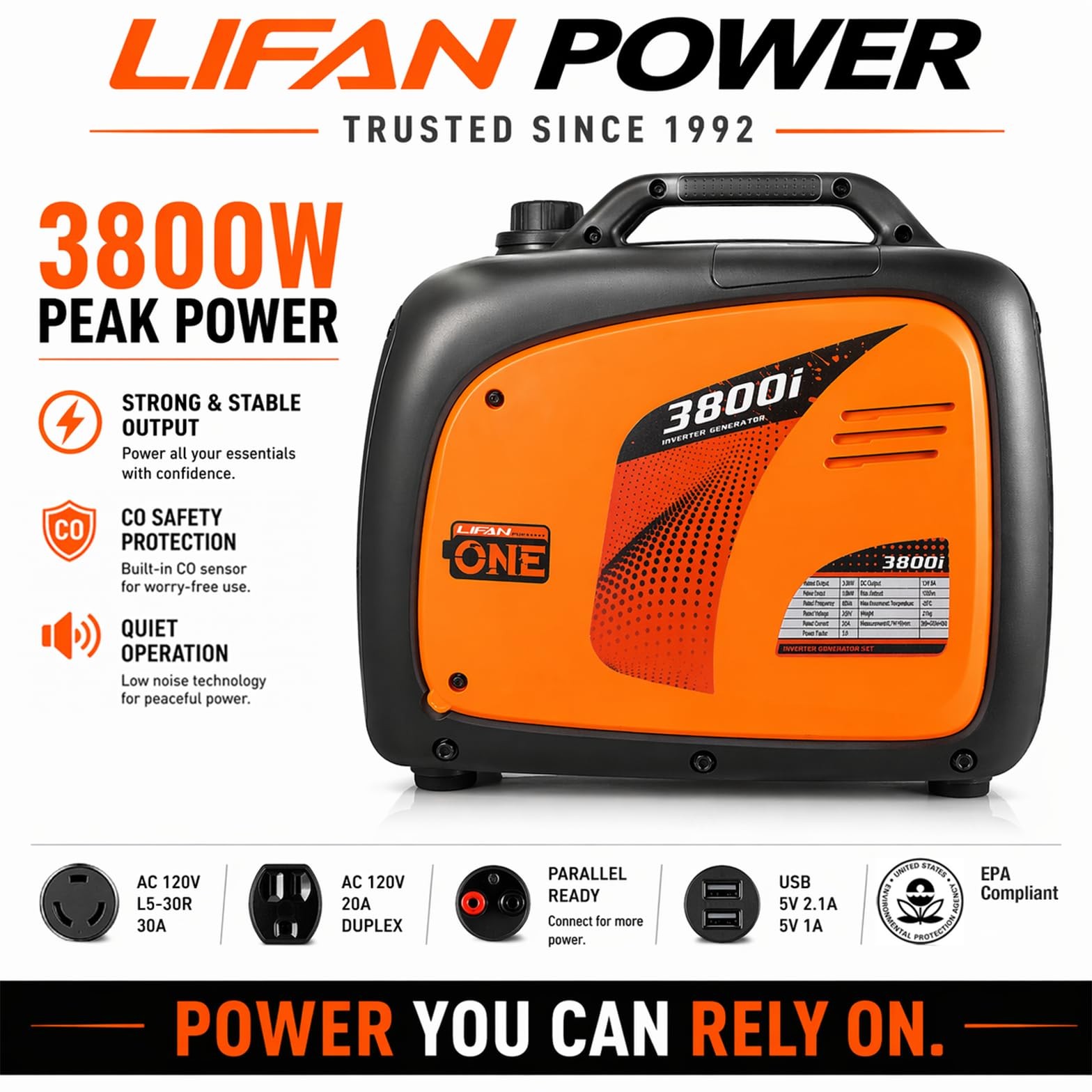 LIFAN 3500W Portable Inverter Generator for Home Backup, Super Quiet Gas Powe…