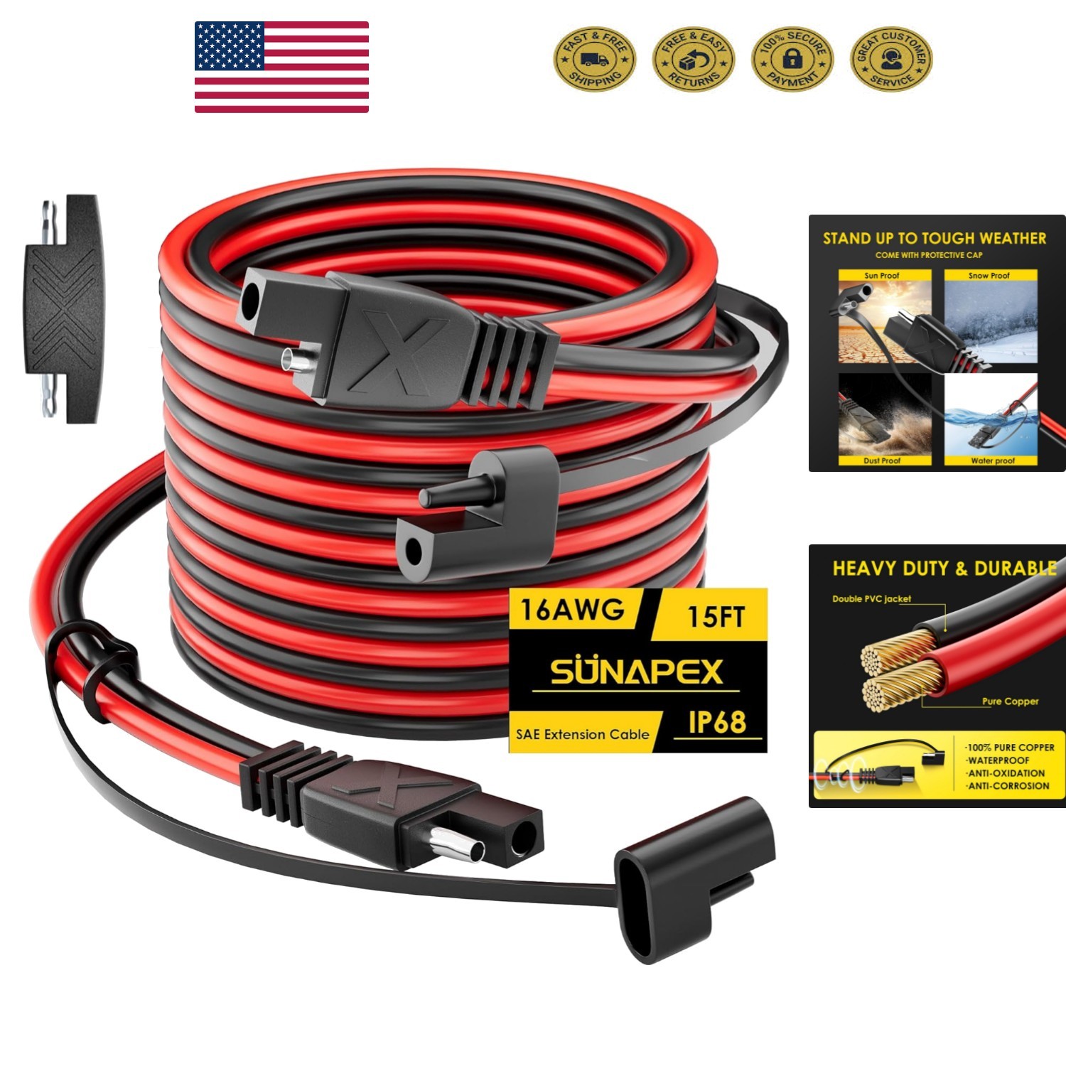 15FT SAE Extension Cable – 30A Waterproof Quick Connect for Automotive & Solar