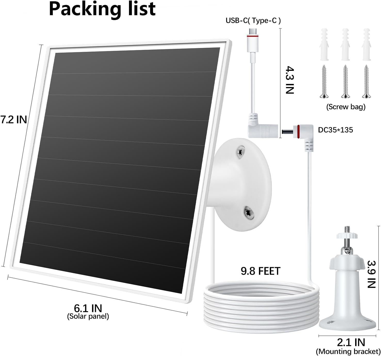 6W Solar Panel Charger for Ring Camera USB-C & Barrel Plug Waterproof