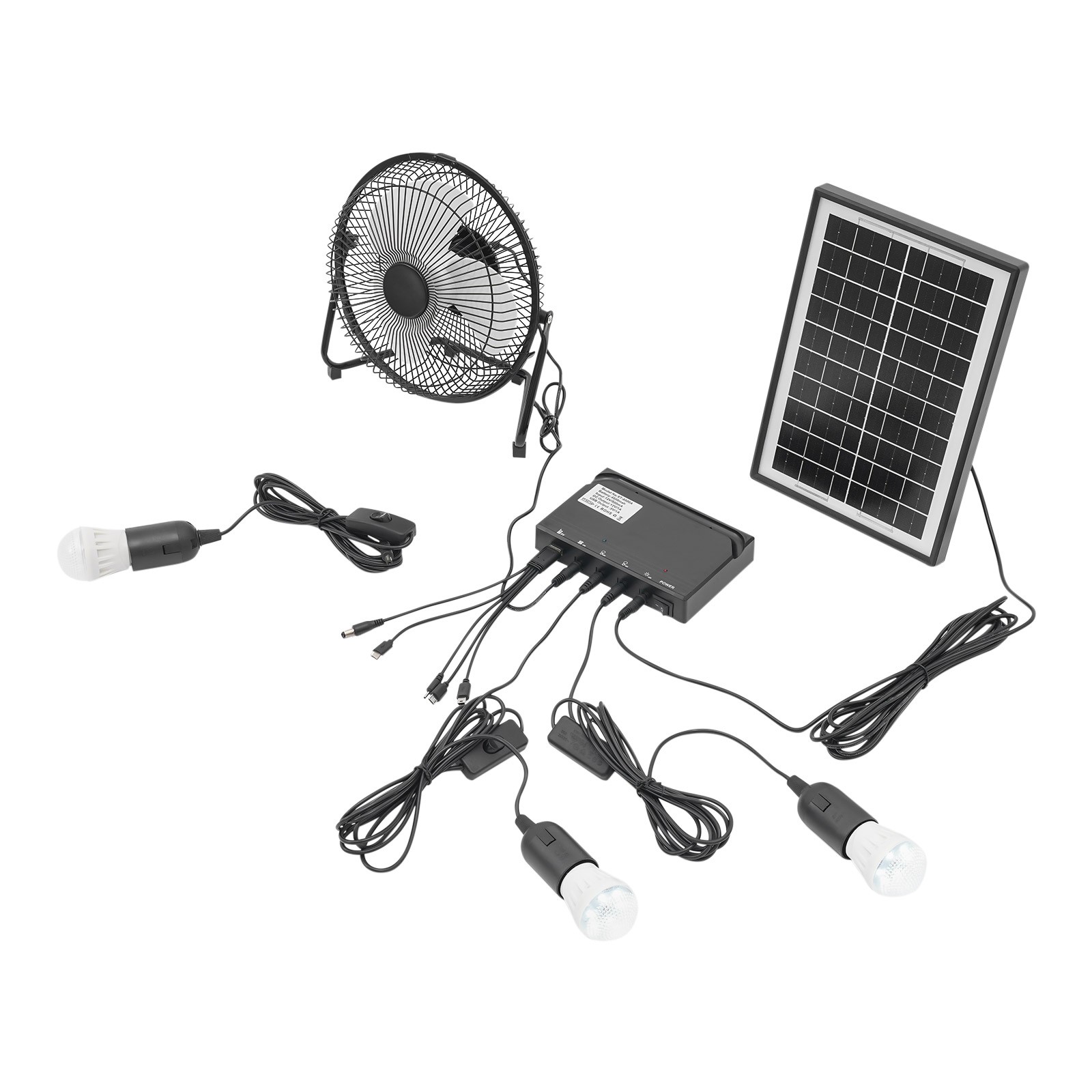 Solar Lighting & Fan Kits with 3 Bulbs USB Charging for Home Outdoor Camping