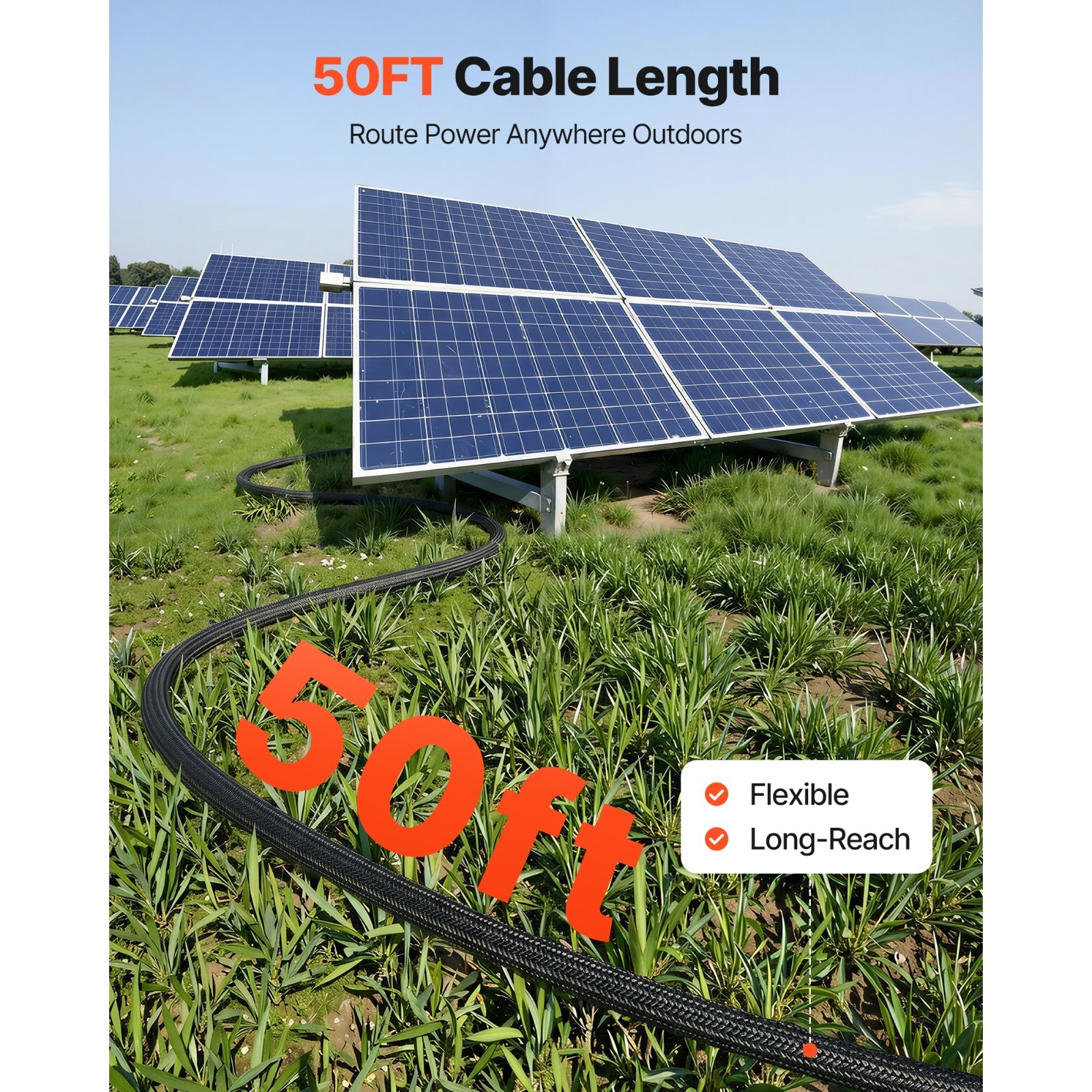 50FT Solar Panel Extension Cable, 10 AWG, Durable Wire, Flame-Resistant Sleeve