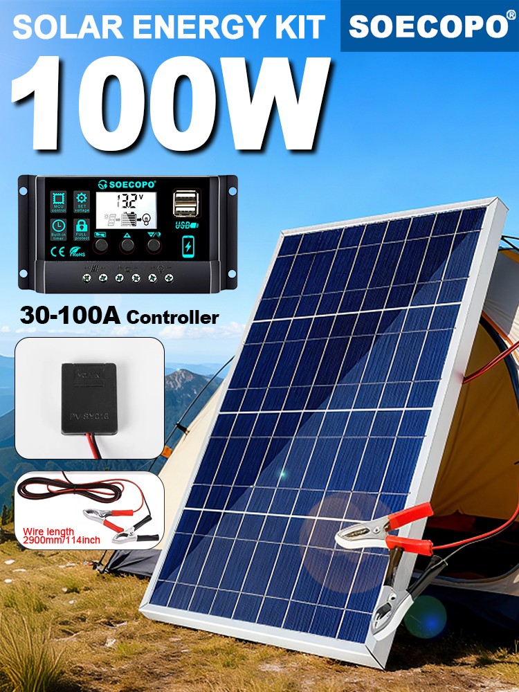 100W Portable Solar Panel with Battery Clips with 30A/60A/100A Controller to Dir
