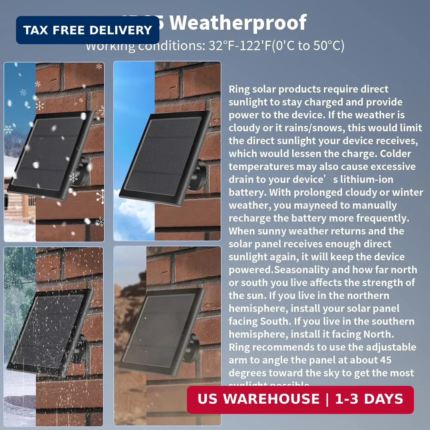 Solar Panel for Ring Camera(2nd Generation) Dustproof Waterproof Black 1 Pack